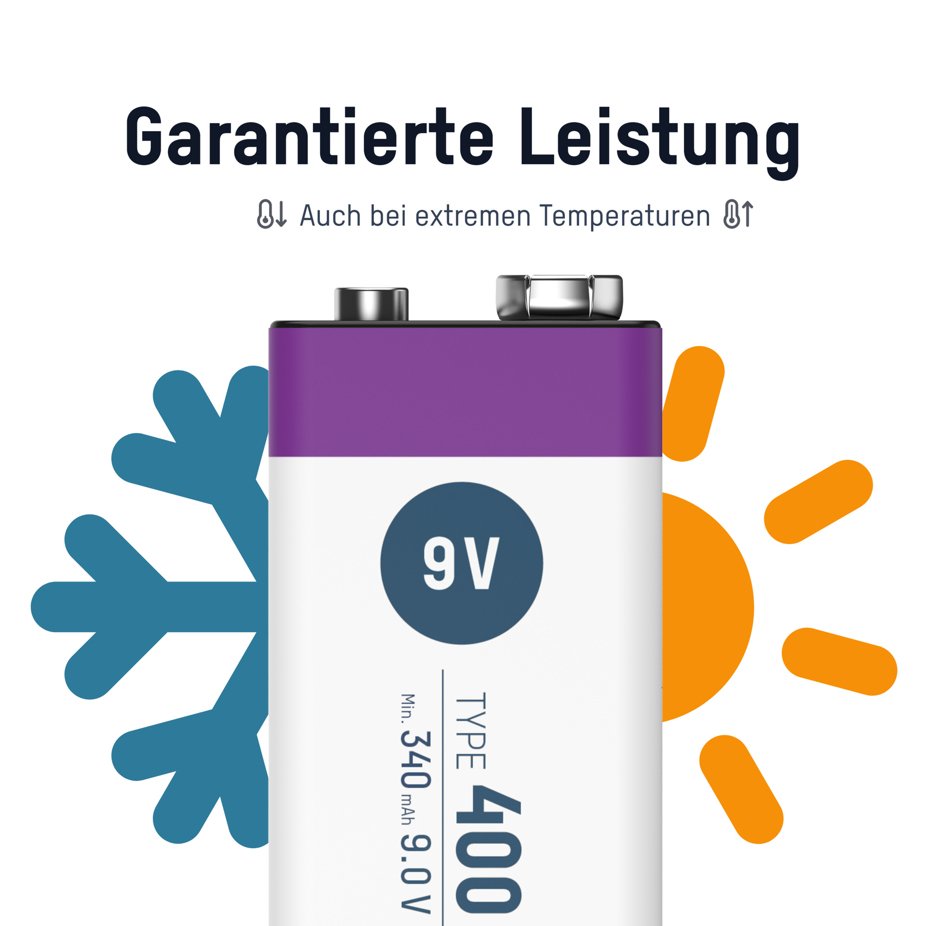 Bateria 9V z fioletową górą i białym korpusem, ze śnieżynkami i słońcem. Tekst mówi 'Gwarantowana wydajność'.