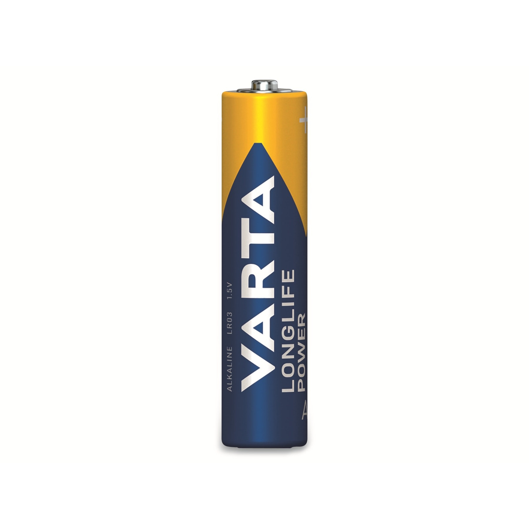 Eine Varta Longlife Power AA-Batterie. Sie hat ein gelbes und blaues Farbschema, einen weißen Hintergrund und das Varta-Logo ist sichtbar.