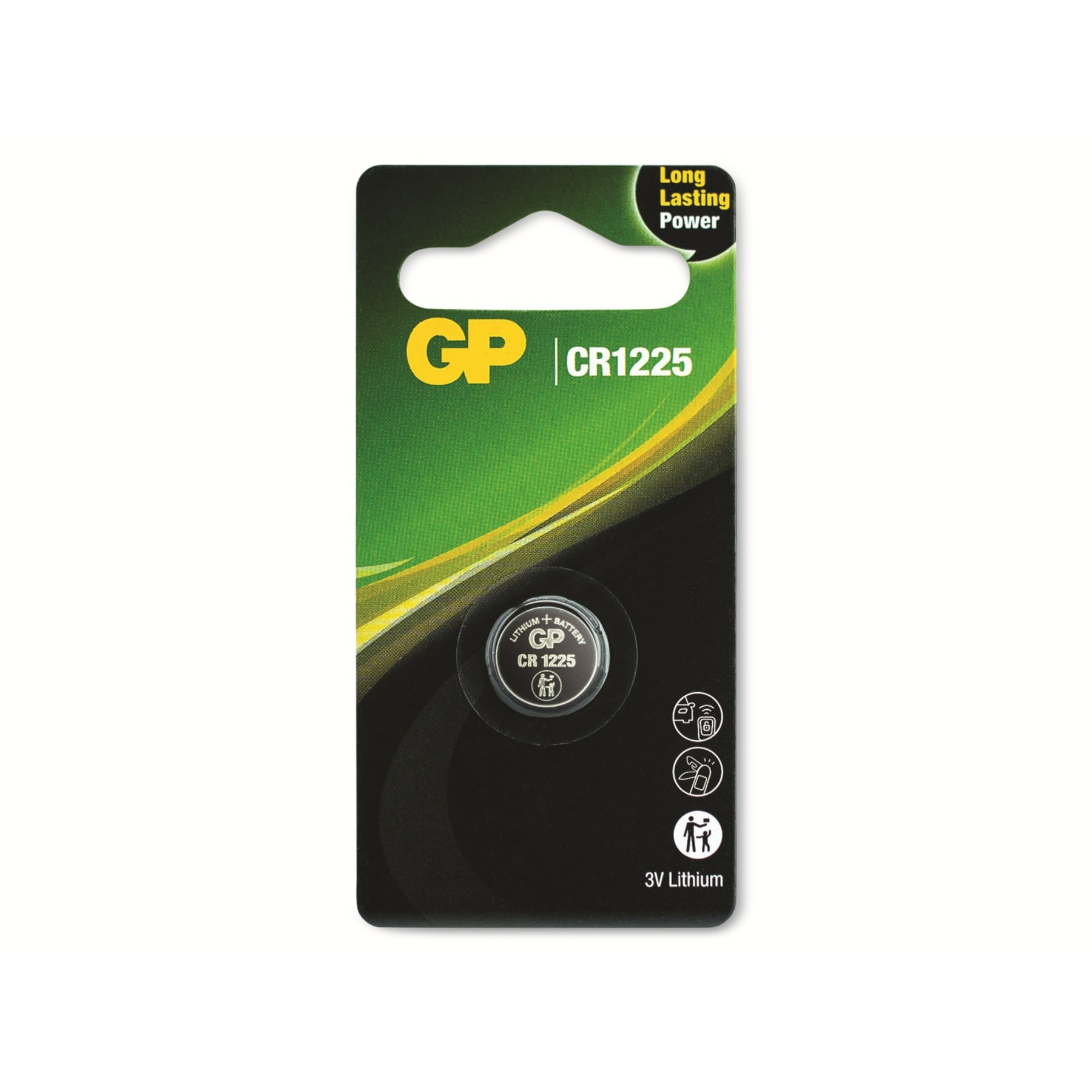 GP CR1225 3V Lithium Batterie in einer grün-schwarzen Verpackung mit Symbolen und Text für Produktinformationen.