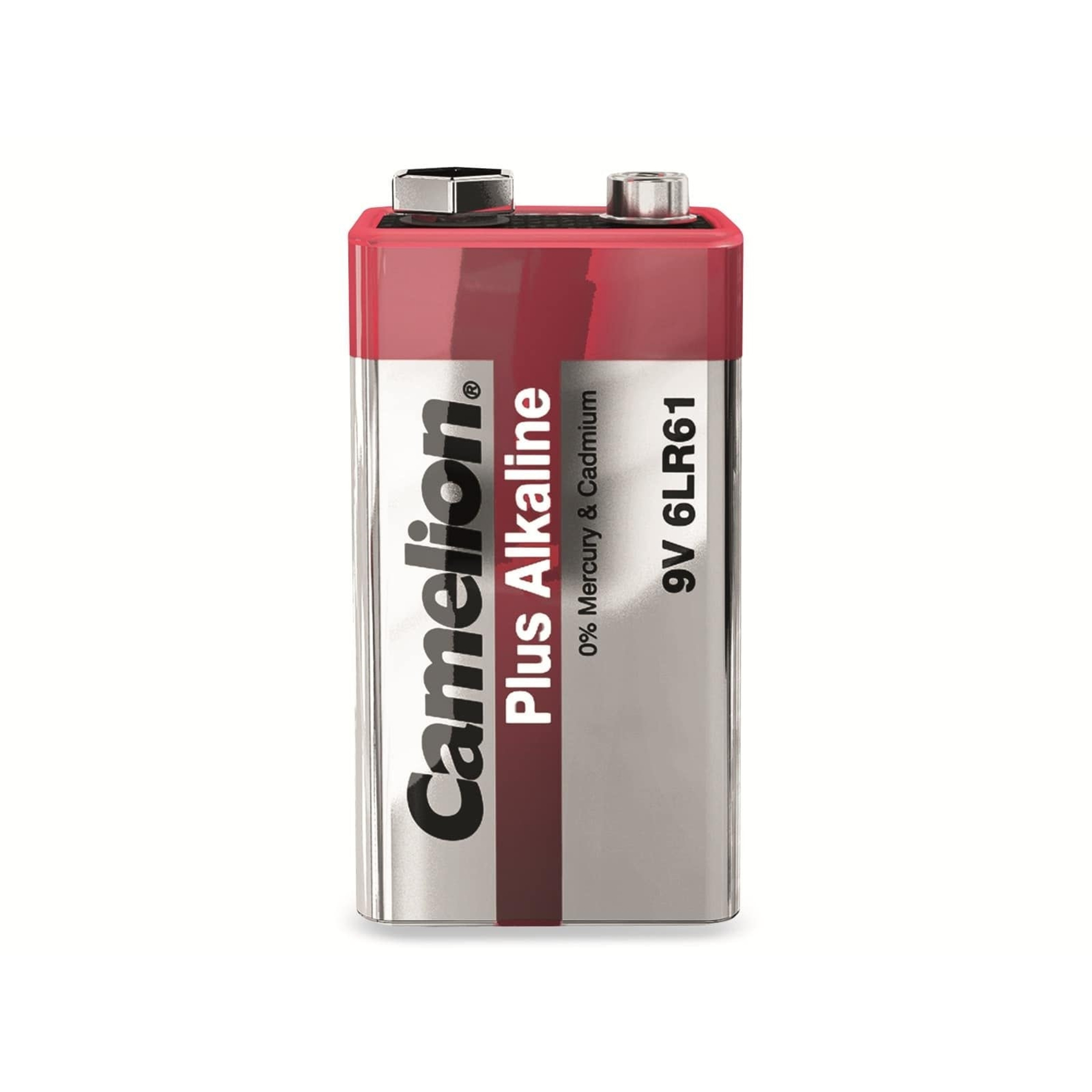 Eine 9V-Batterie, silbernes Gehäuse mit roter Oberseite. Die Marke ist Camelion Plus Alkaline. Der Text lautet 9V 6LR61.