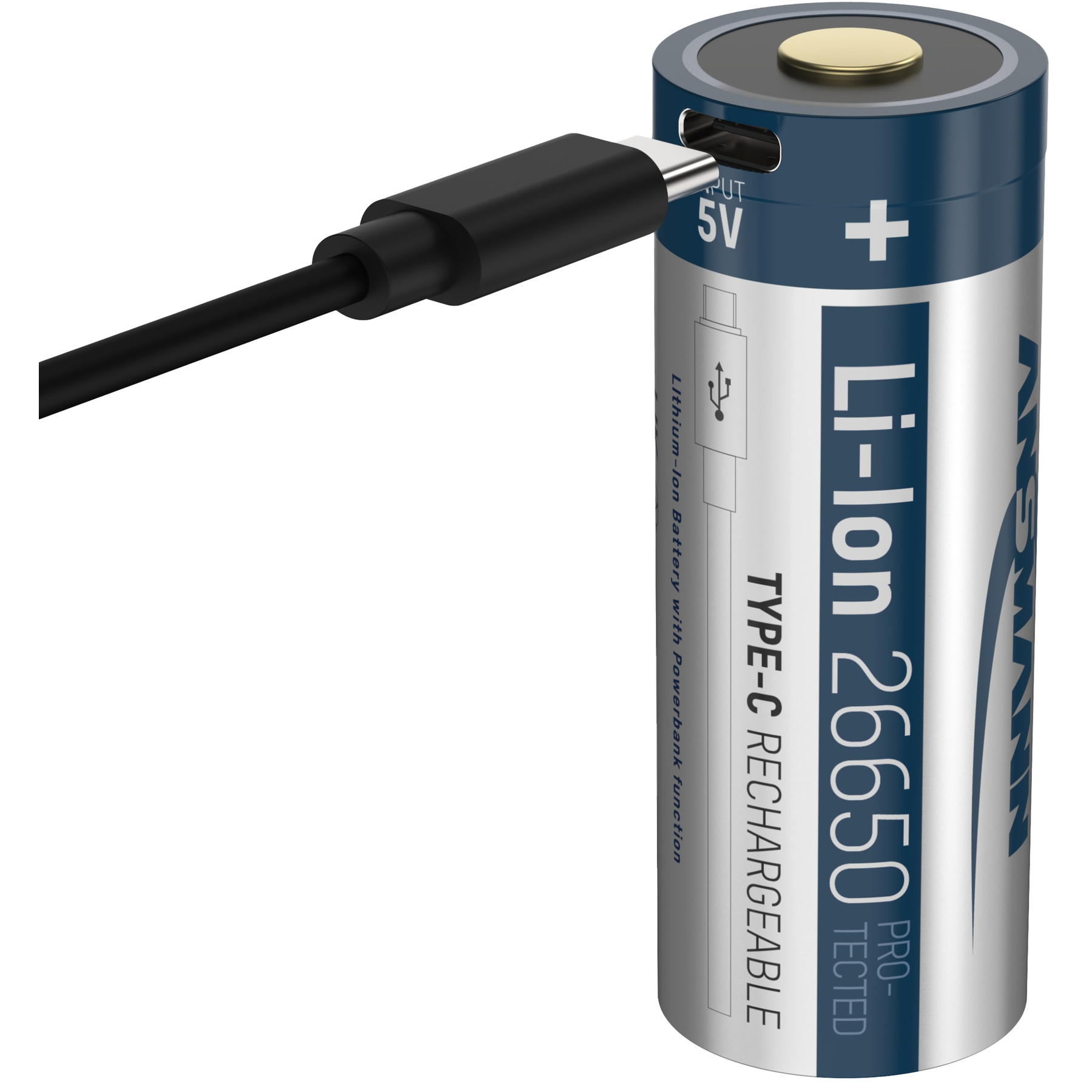 Een Li-ion 26650-batterij wordt opgeladen met een USB-C-kabel. De batterij is blauw en zilver met tekst.