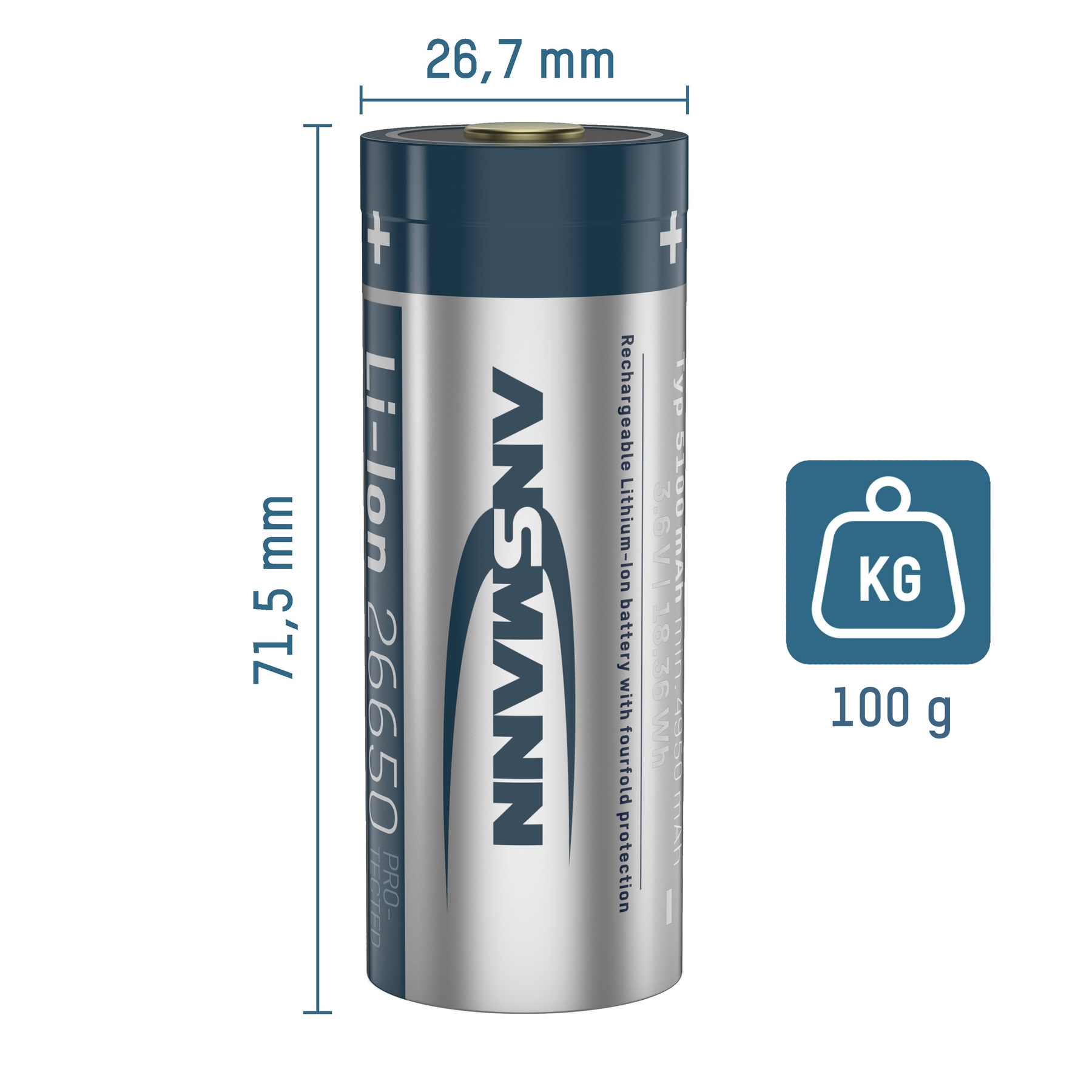 Een cilindrische ANSMANN Li-ion 26650 batterij. Het heeft afmetingen, gewicht en details. De batterij is zilver en blauw met een wit logo.