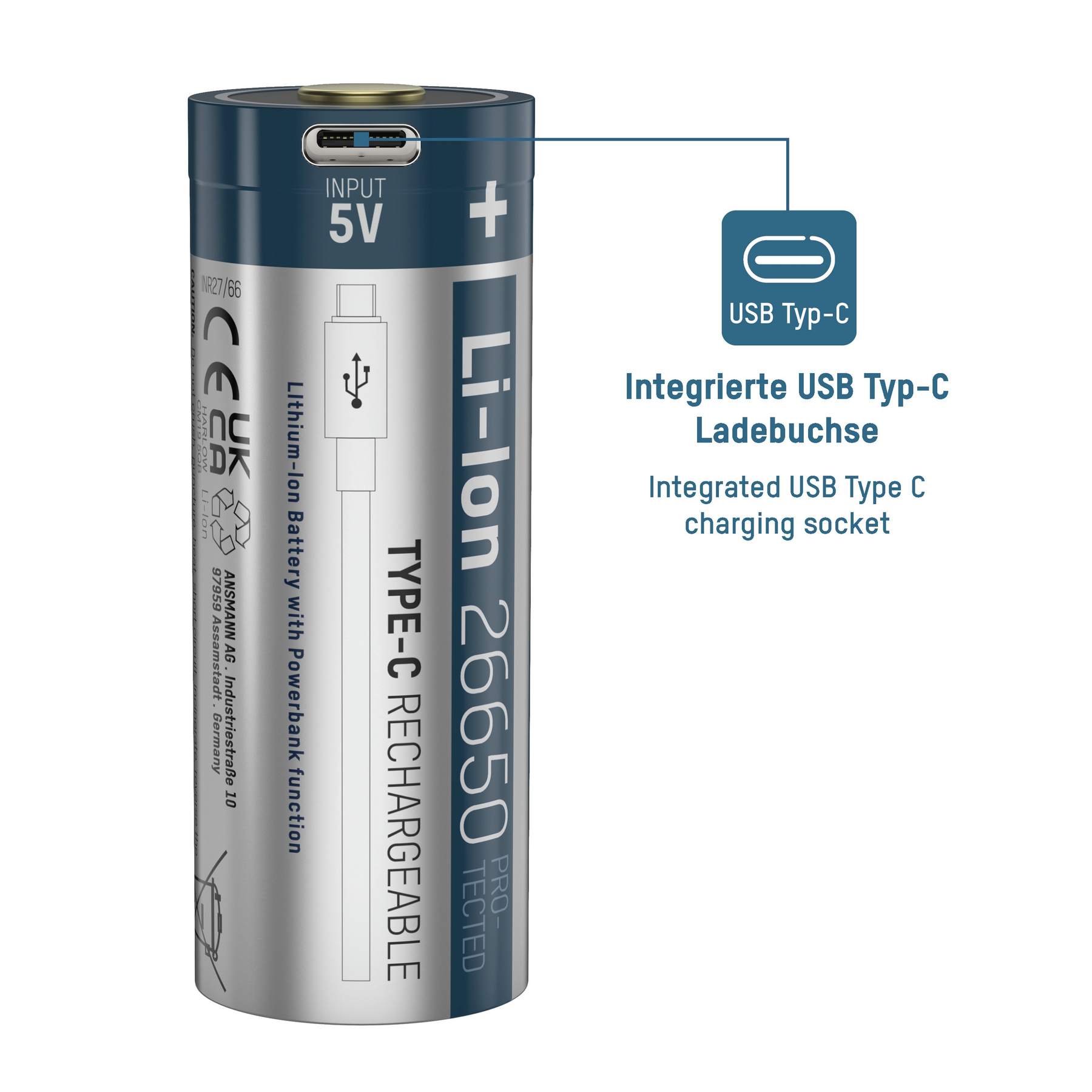 Oplaadbare Li-ion batterij met USB Type-C poort. Tekst: 26650, TYPE-C RECHARGEABLE en andere details.