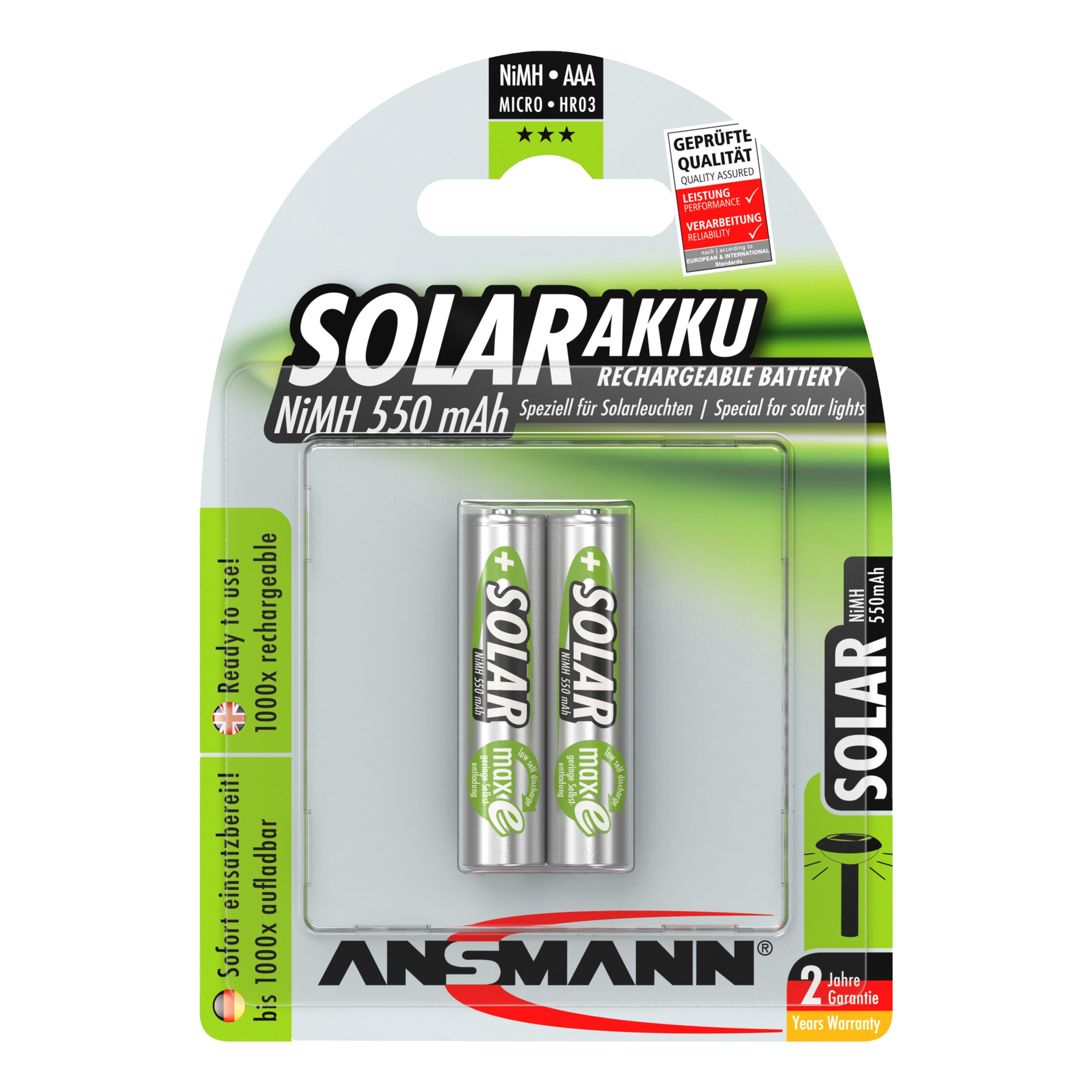 Confezione di due batterie solari ricaricabili. La confezione è verde e bianca. Ha testo e uno schema della batteria.
