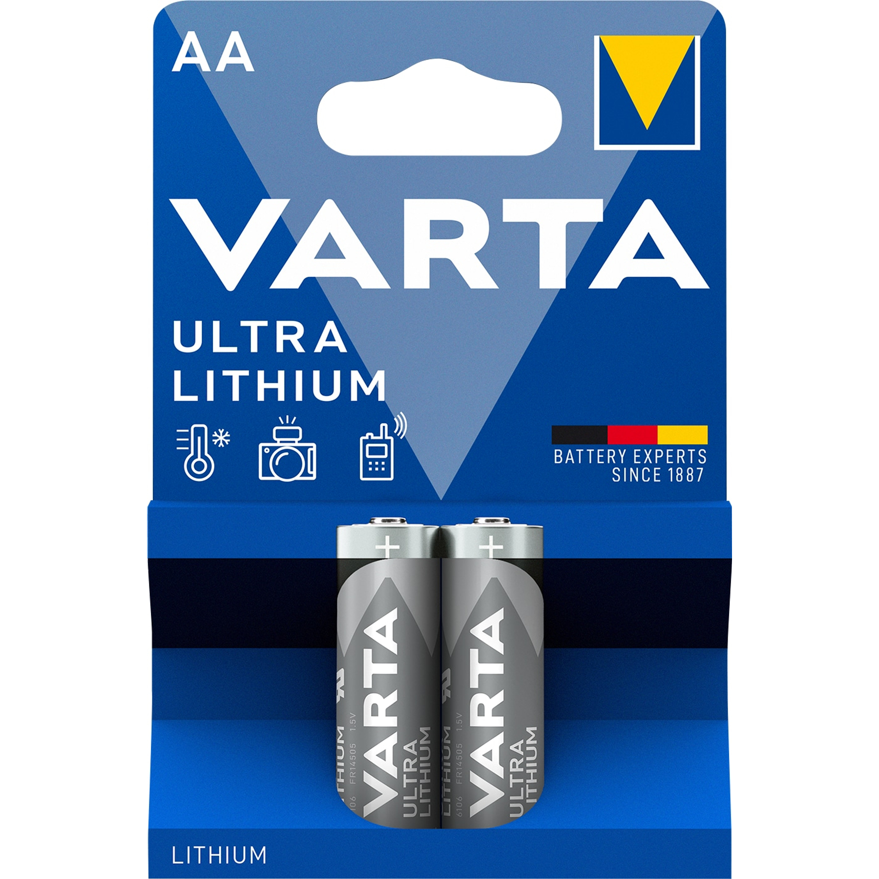 VARTA Ultra Lithium AA battery pack. Two batteries are visible. Blue and white packaging.