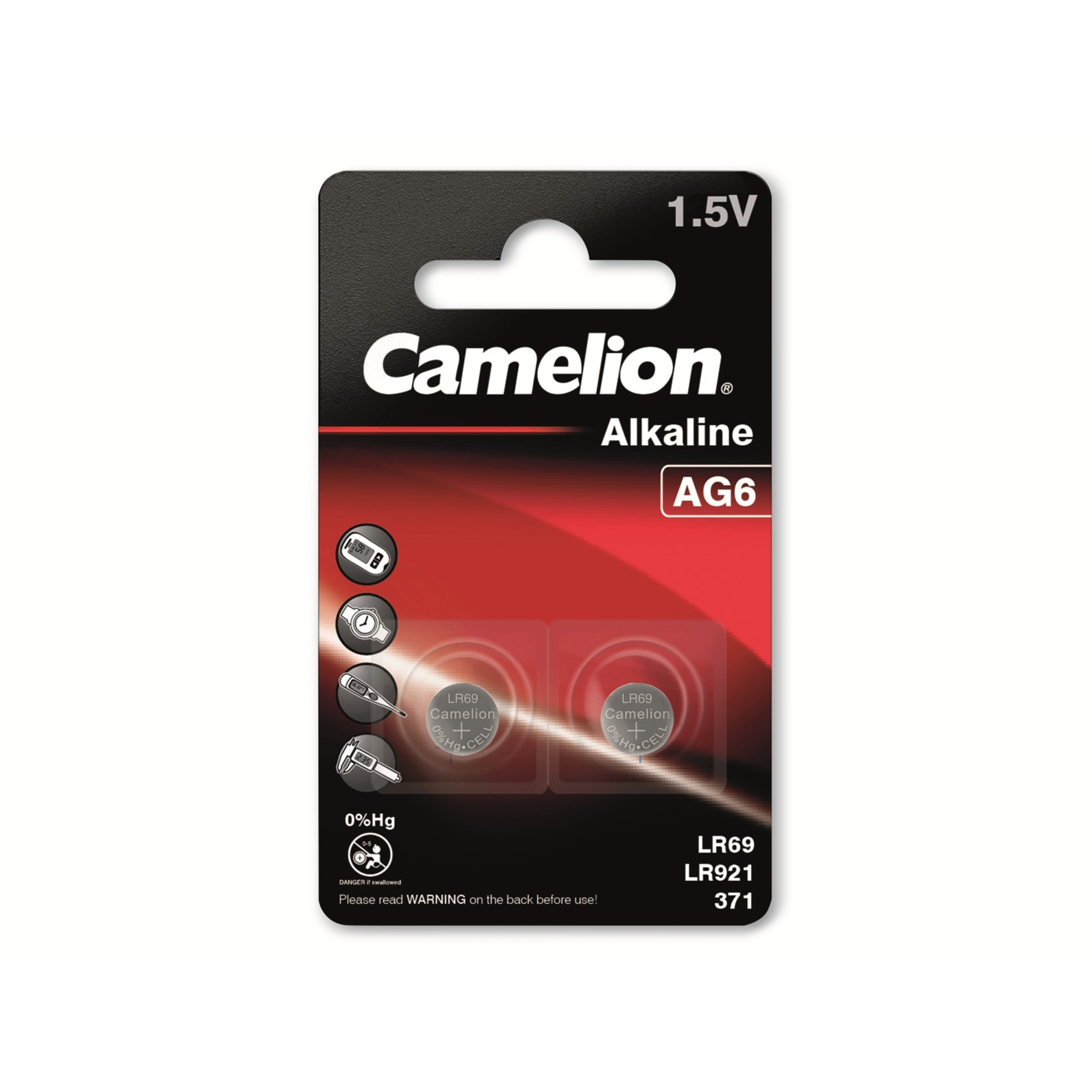 Eine Camelion Alkaline AG6 Batteriepackung. Sie zeigt zwei Batterien mit Text wie LR69 und 0%Hg. Die Packung ist schwarz und rot.
