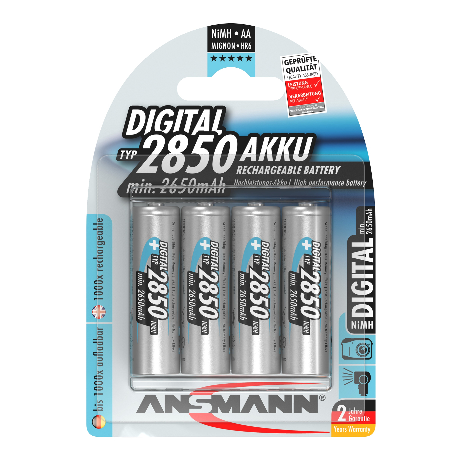 Verpackung mit vier wiederaufladbaren AA-Batterien. Die Marke ist ANSMANN. Die Batterien sind mit 'DIGITAL 2850 AKKU' beschriftet.