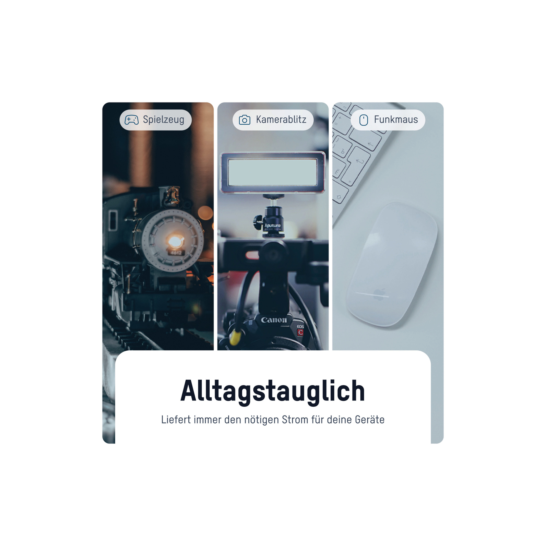 Das Bild hat drei Abschnitte: Spielzeug-Zug, Kamera-Blitz und eine kabellose Maus mit dem Text 'Alltagstauglich' darunter.