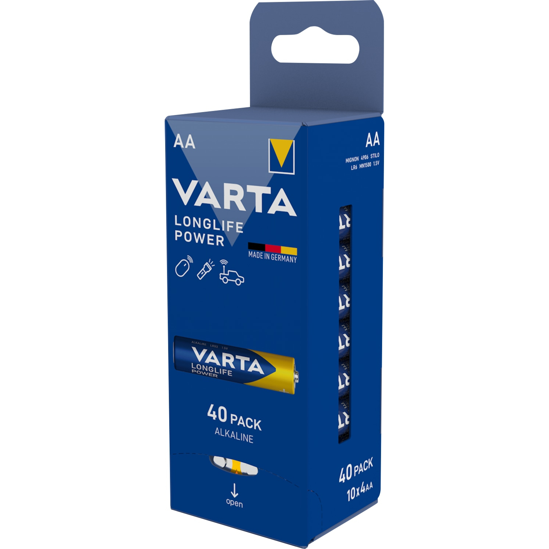 Eine blaue Varta-Batteriepackung. Sie zeigt 'Longlife Power', '40er-Pack Alkali' und 'Made in Germany'.