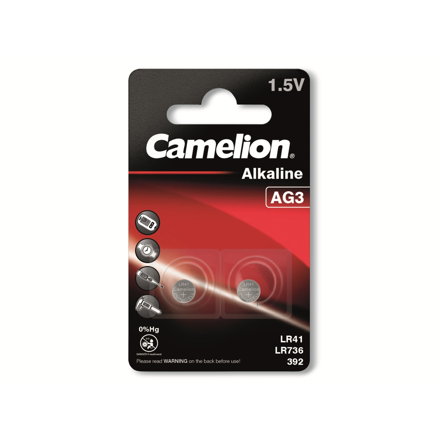 Camelion Alkaline AG3 Batteriepackung. Schwarz-rote Verpackung mit zwei Batterien. Text enthält LR41, LR736 und 392.