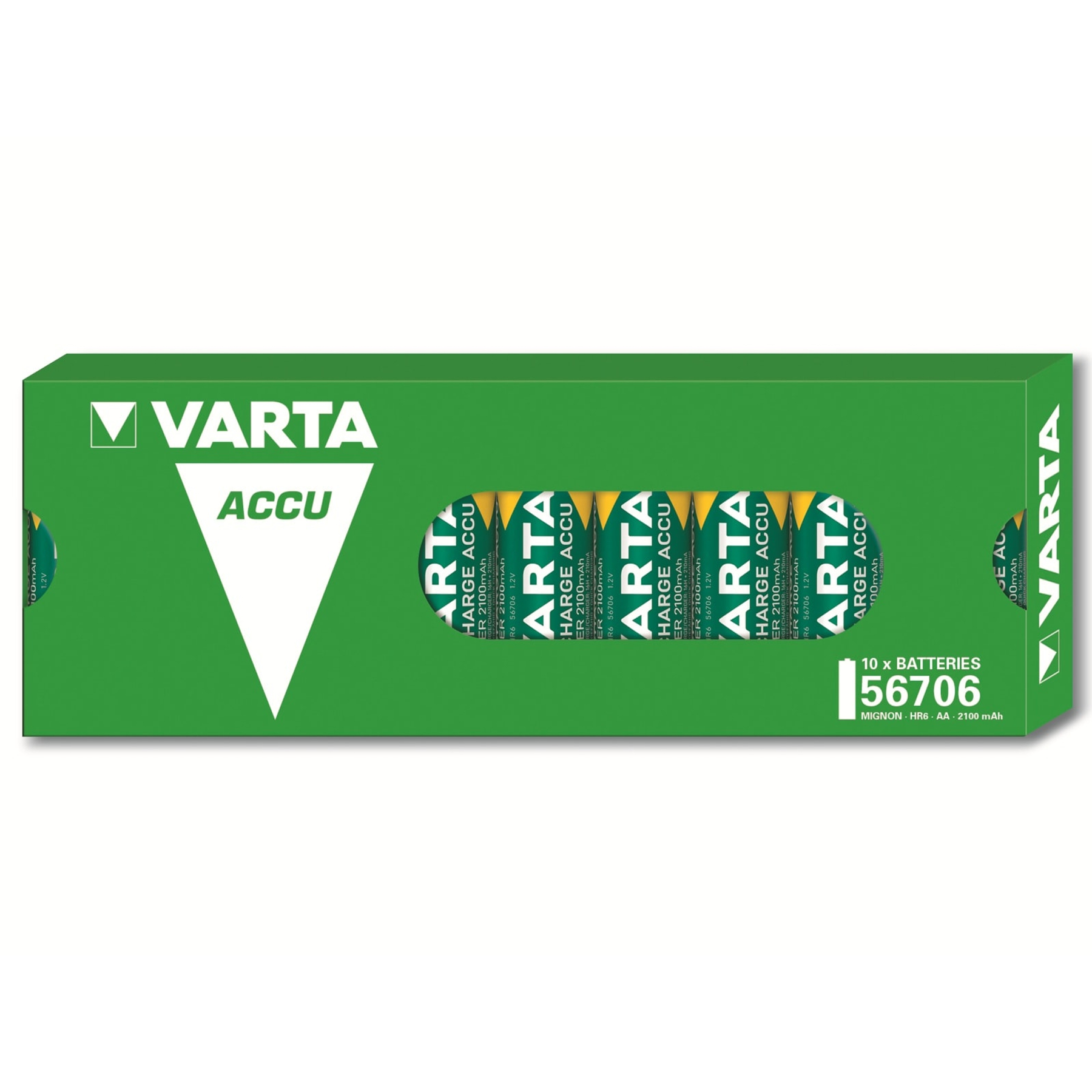 Eine grüne Schachtel mit wiederaufladbaren VARTA-Batterien. Die Schachtel zeigt die Batterien und Produktdetails.