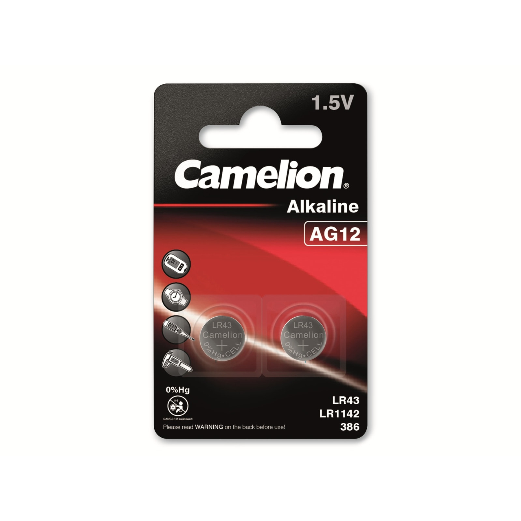 Eine schwarze und rote Camelion-Batteriepackung. Sie enthält zwei LR43-Batterien und zeigt Warnhinweise an. Die Packung ist 1,5 V.