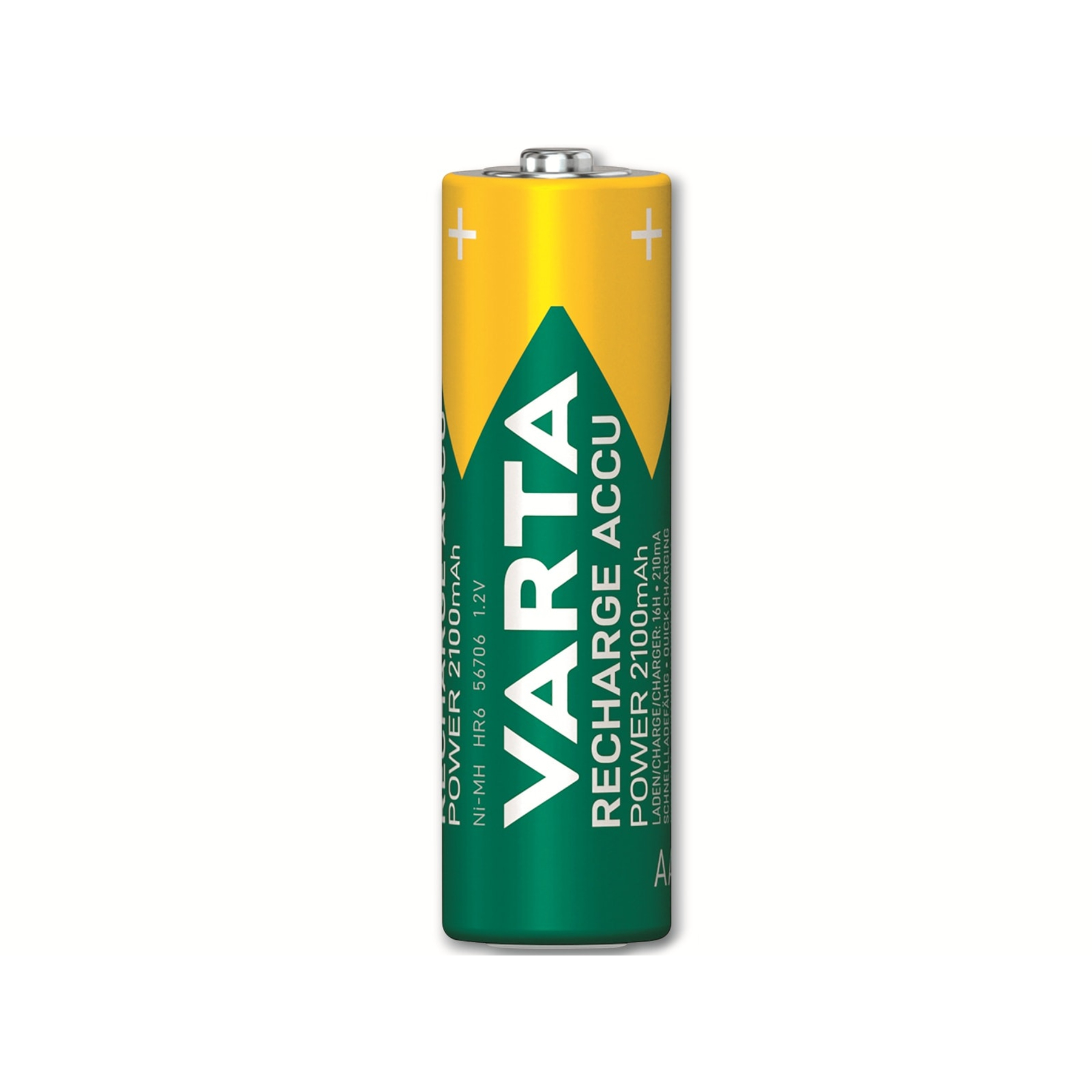 Eine wiederaufladbare AA-Batterie von VARTA. Die Batterie hat gelbe und grüne Farben. Sie hat auf jeder Seite ein Pluszeichen.