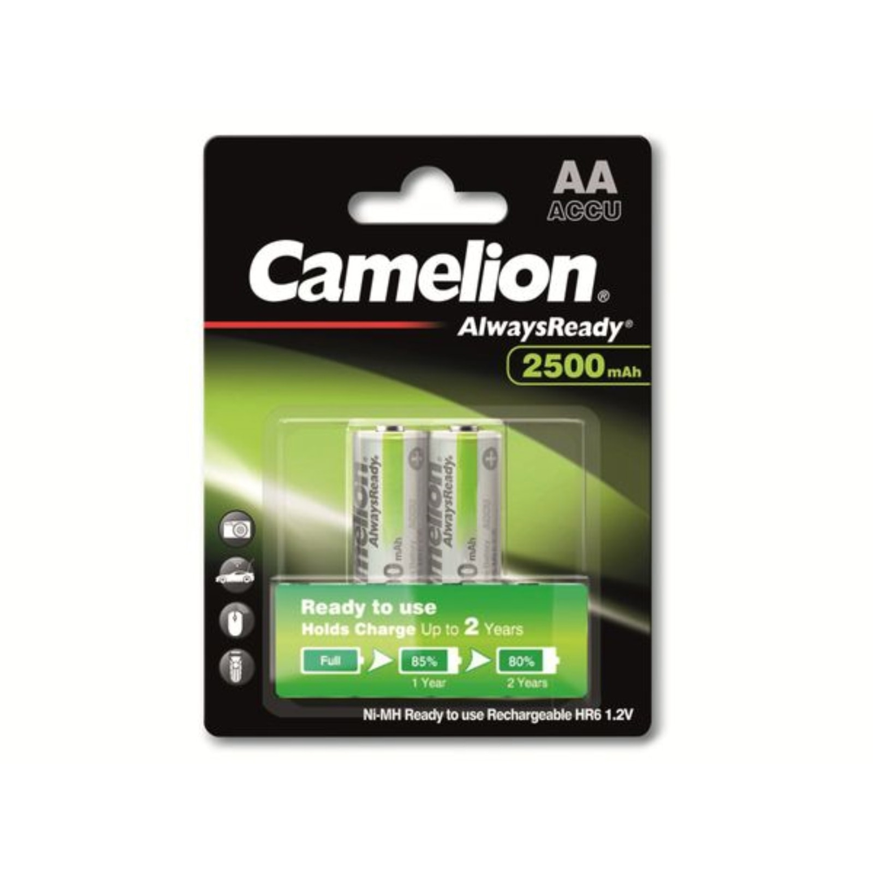 Packung mit Camelion AA-Batterien, AlwaysReady, 2500mAh. Enthält 4 Batterien, schwarz-grüne Verpackung, mit Batterielebensdaueranzeigen.