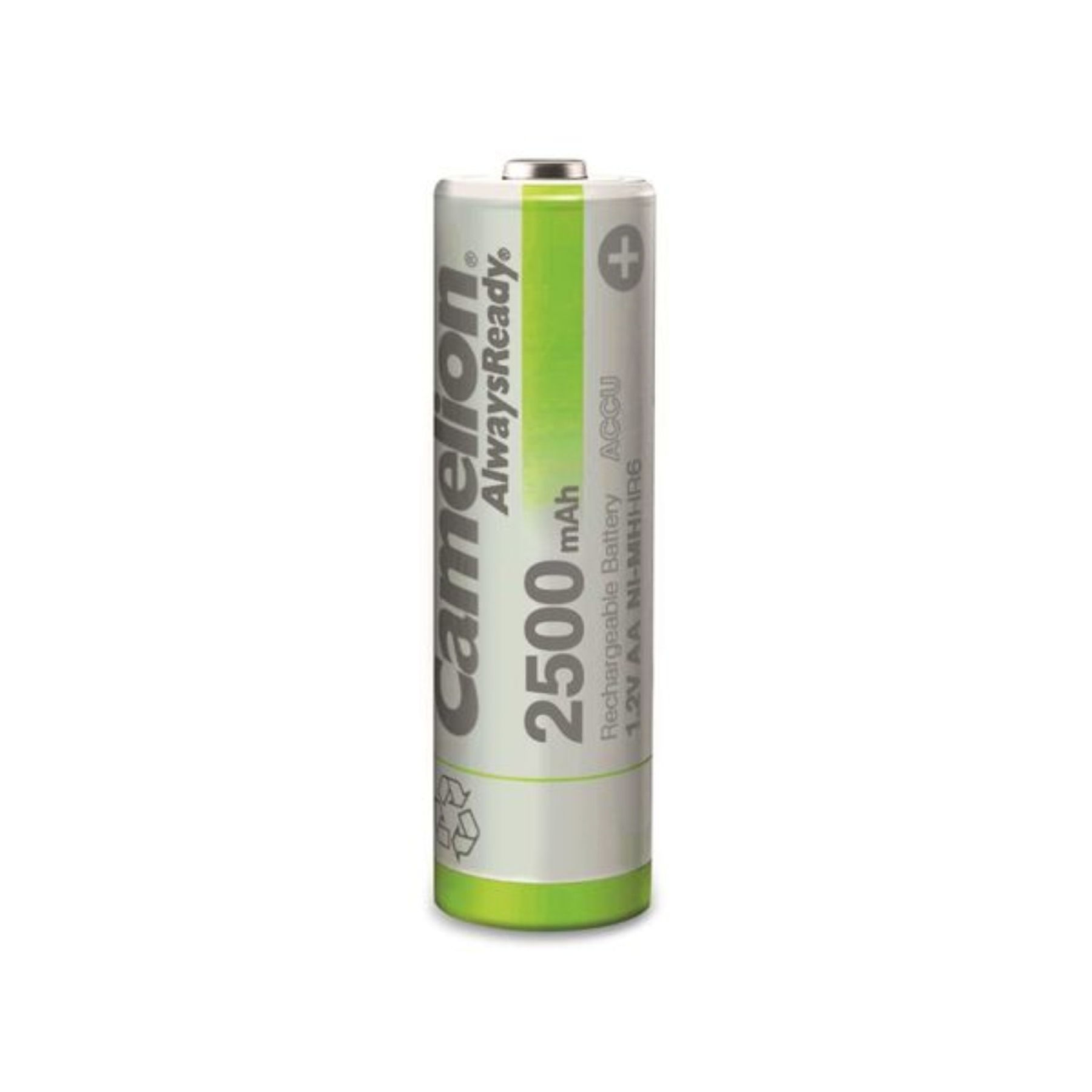 Eine wiederaufladbare AA-Batterie, silberfarben mit grünen und weißen Etiketten. Die Marke ist Camelion, 2500 mAh.