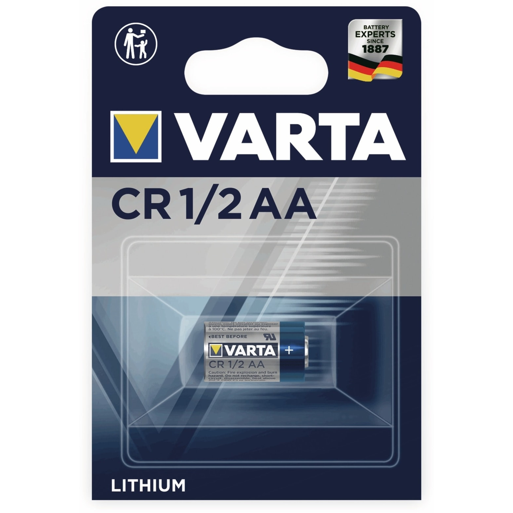 Un paquete de baterías VARTA CR 1/2 AA. El paquete es azul y blanco. La batería es visible.