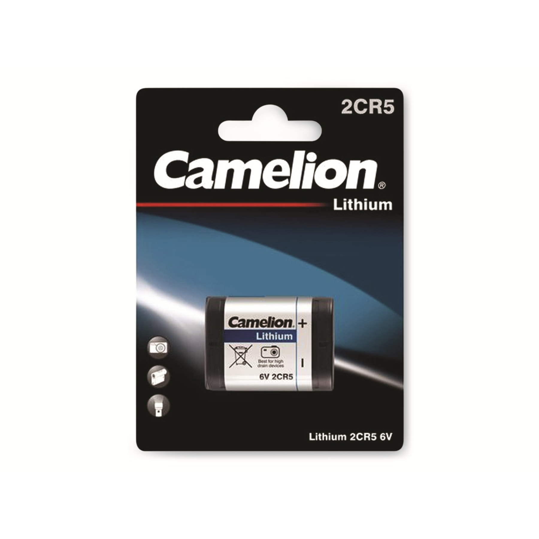 Bateria Camelion Lithium 2CR5 6V. Posiada logo Camelion i szczegóły produktu na czarnym tle.