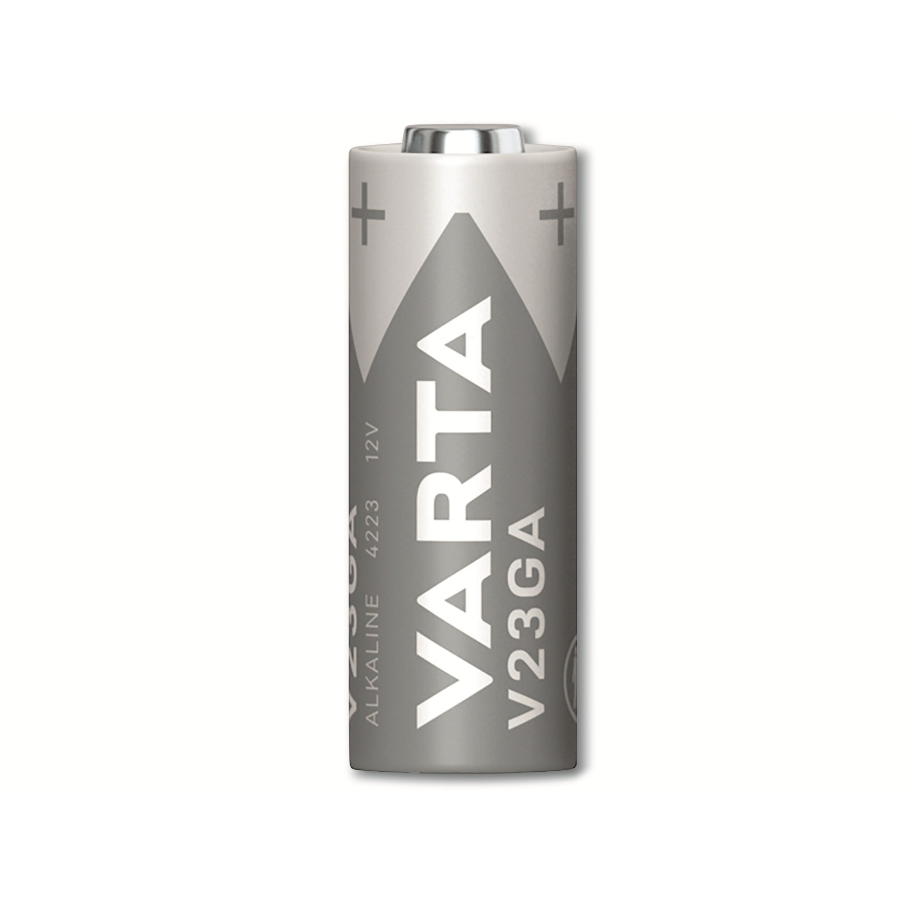 Bateria Varta V23GA pokazana w pozycji pionowej. Jest srebrna i szara, z logo VARTA i symbolami plusa.