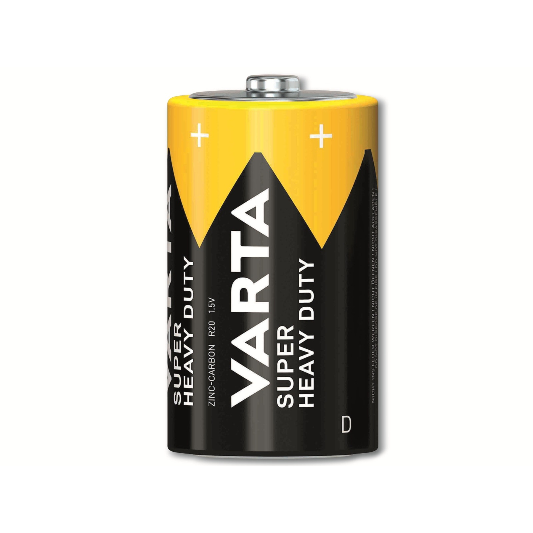 Una batteria Varta Super Heavy Duty. È cilindrica, gialla e nera, con testo bianco e segni più in alto.