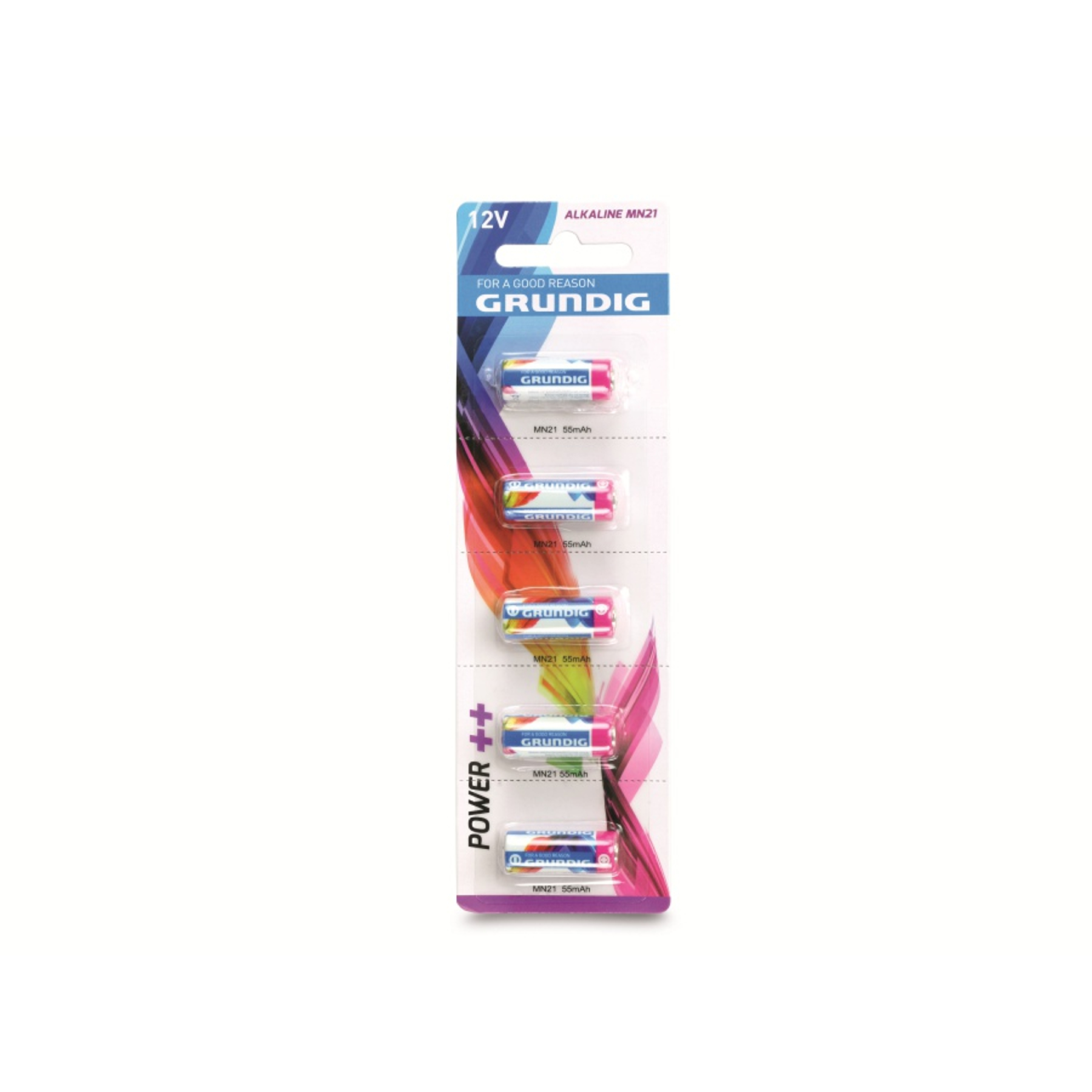 Packung mit Grundig MN21-Alkalibatterien. Weißer Hintergrund. Die Verpackung hat blaue, rosa und lila Farben.