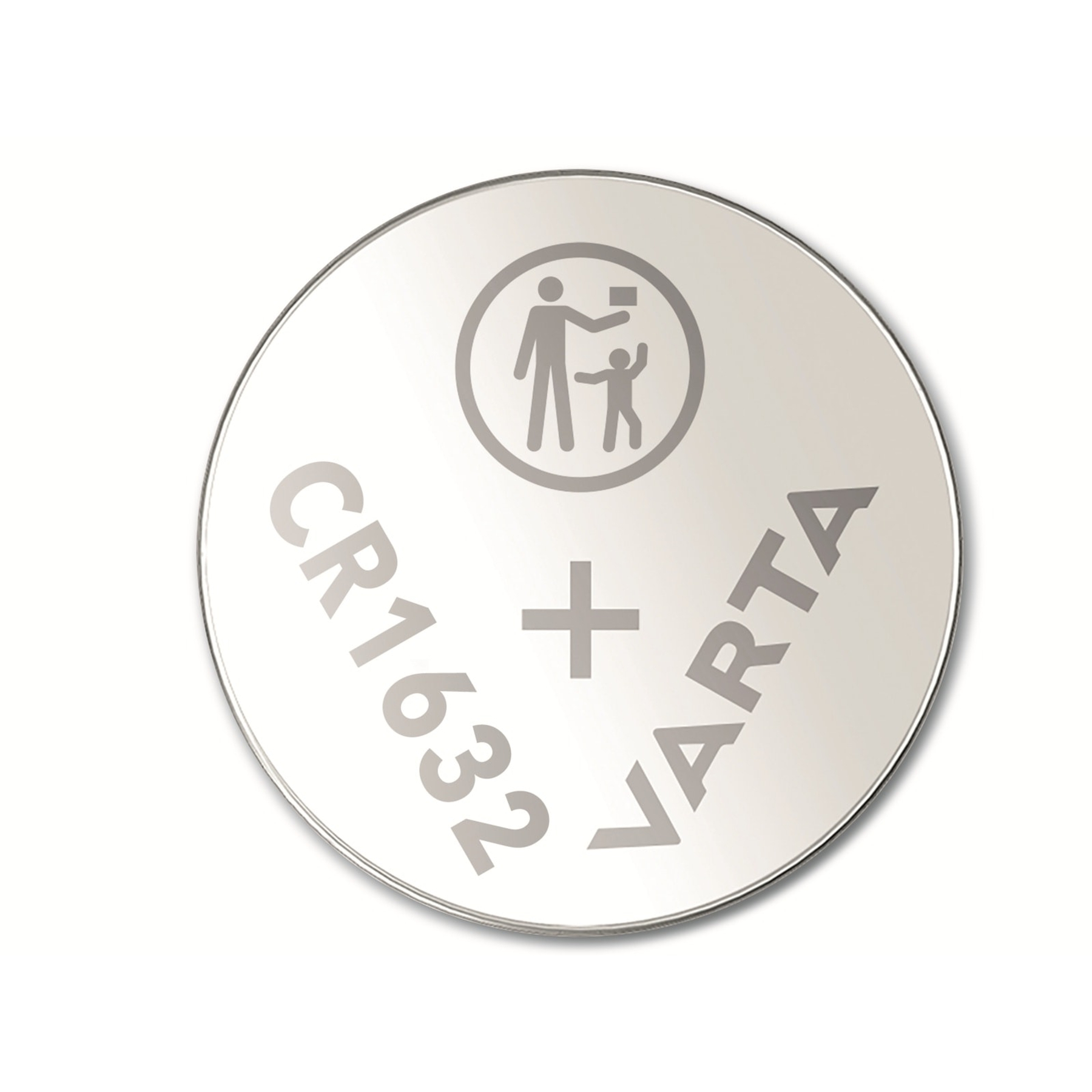 Button cell battery, CR1632, VARTA brand. Features a child safety symbol. Silver-colored with white background.