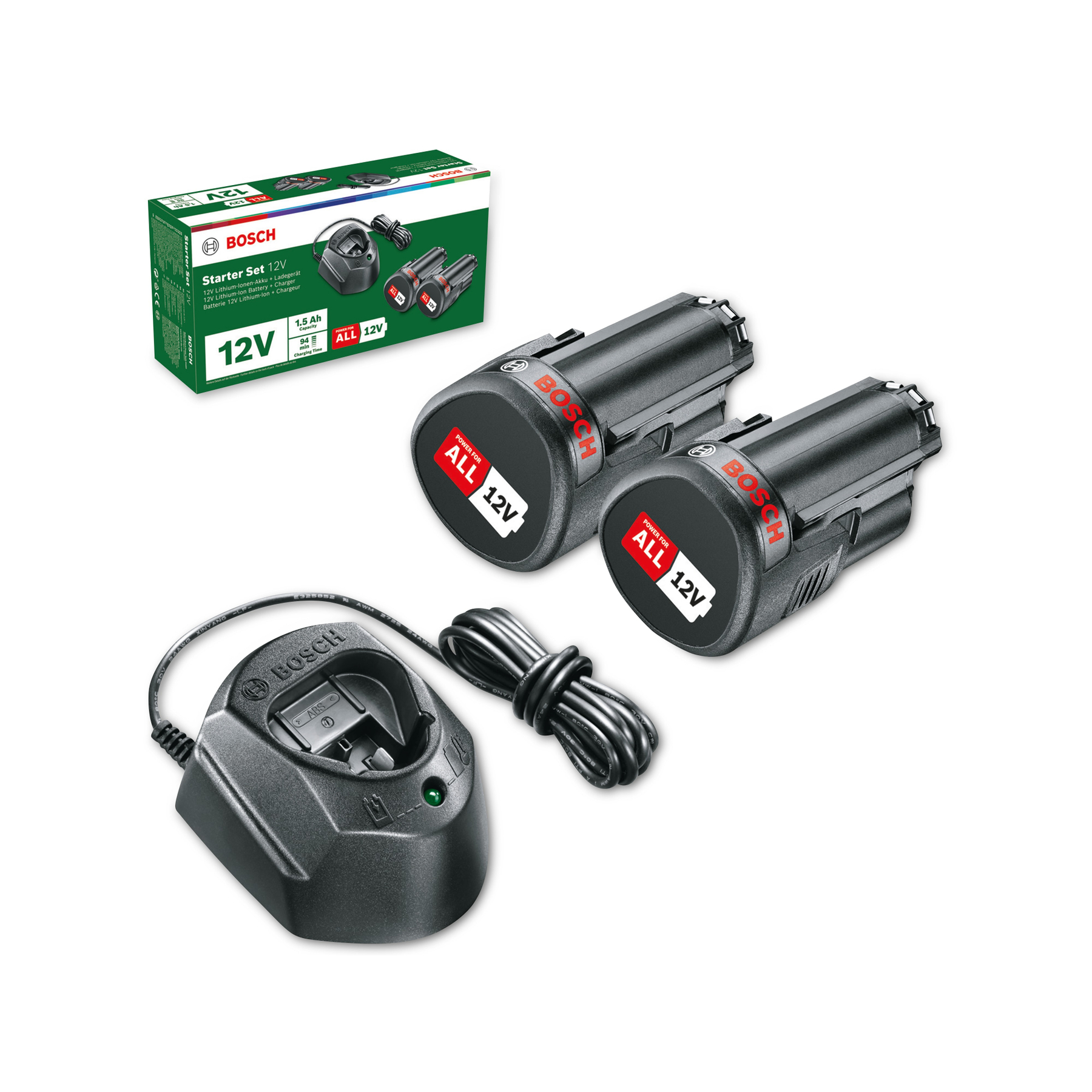 Bosch 12V Starter-Set mit Akku, Ladegerät und zwei Akkus. Verpackungskarton mit Text und Bildern.