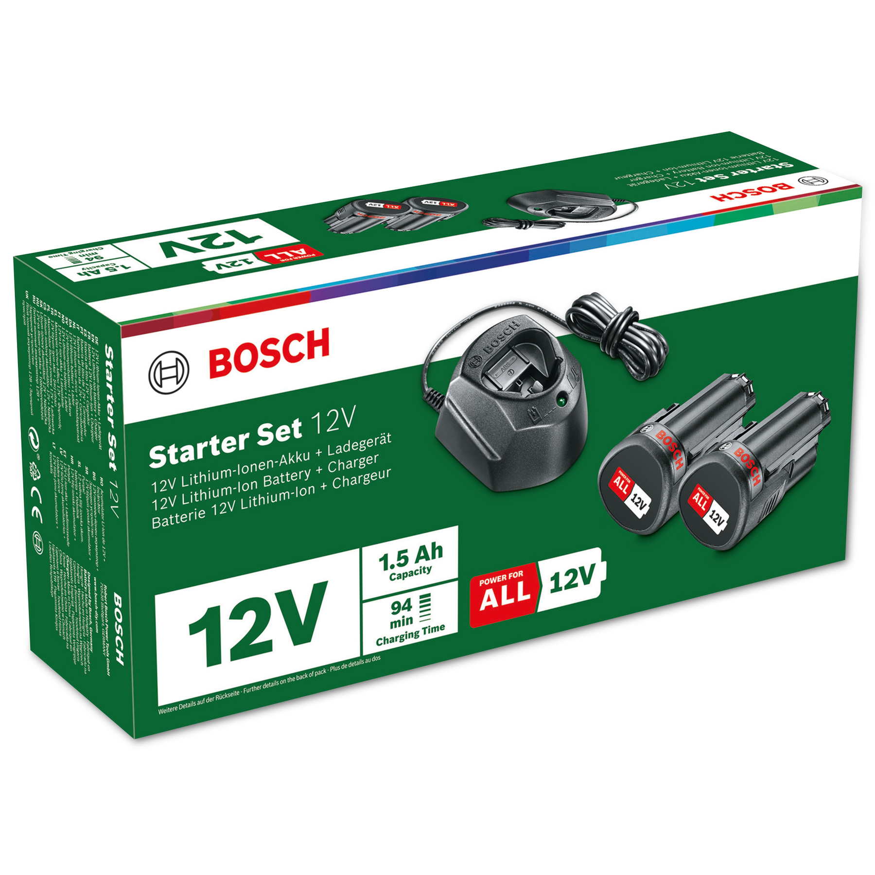 Bosch 12V Starter-Set-Box. Enthält Ladegerät, zwei Batterien und eine Ladestation, mit Branding und Produktinfo.
