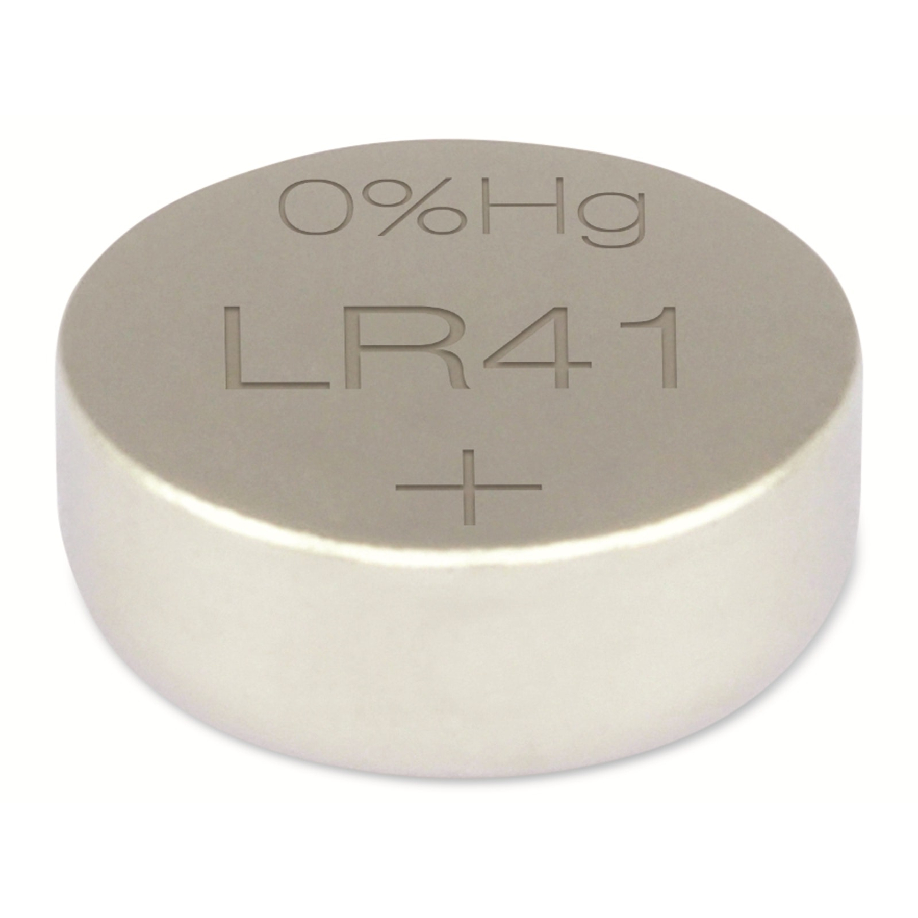 Una batteria a bottone LR41 argentata con le scritte '0% Hg', 'LR41' e un simbolo '+'. Lo sfondo è bianco.
