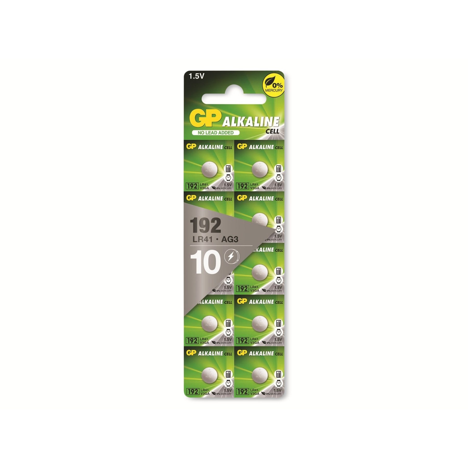 Un blister di batterie a bottone GP Alkaline 192 LR41 AG3. Sono visibili dieci batterie, con etichette da 1,5 V e 0% mercurio.