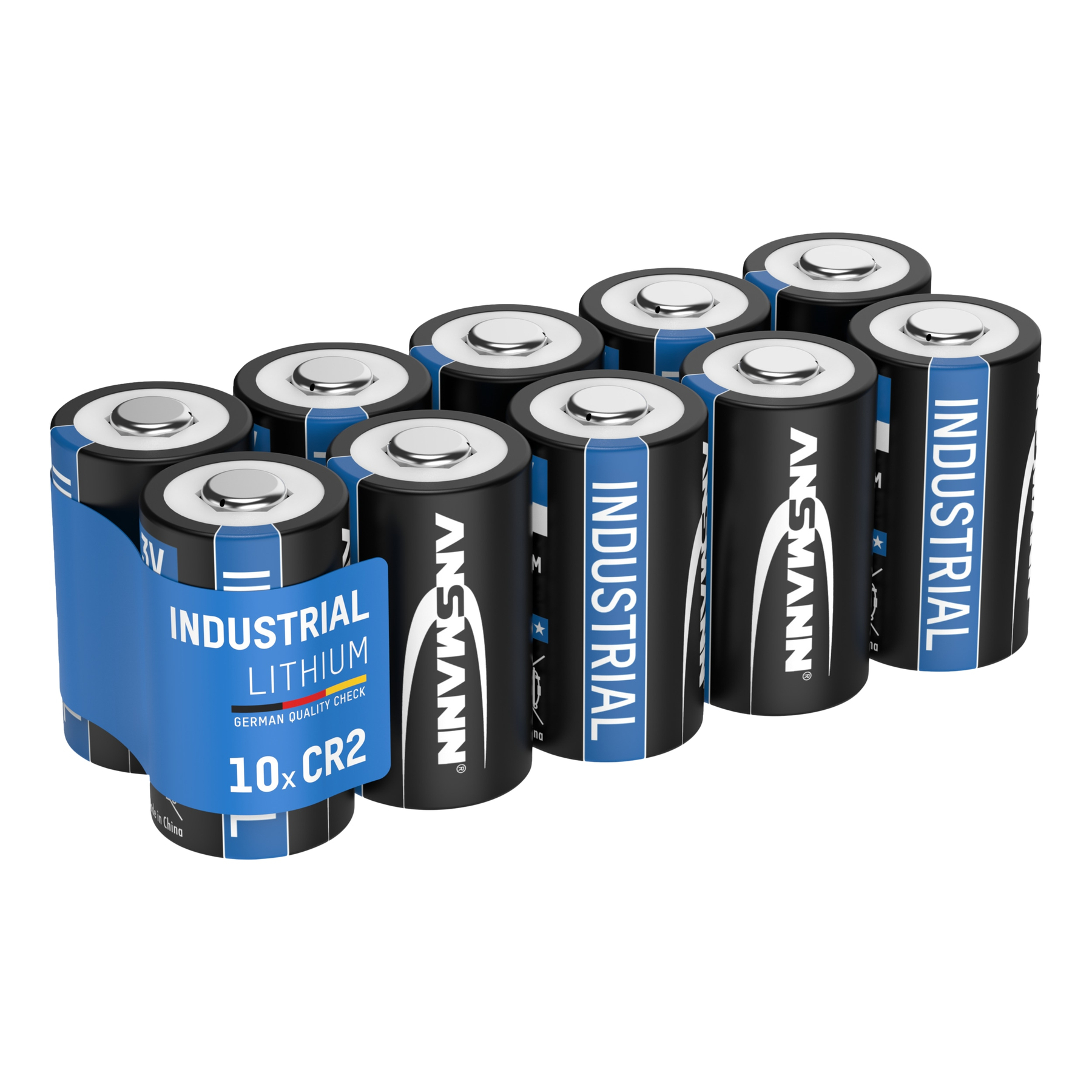 Un pacco di dieci batterie al litio industriali CR2. Sono nere con etichette blu e coperchi argentati, su sfondo bianco.