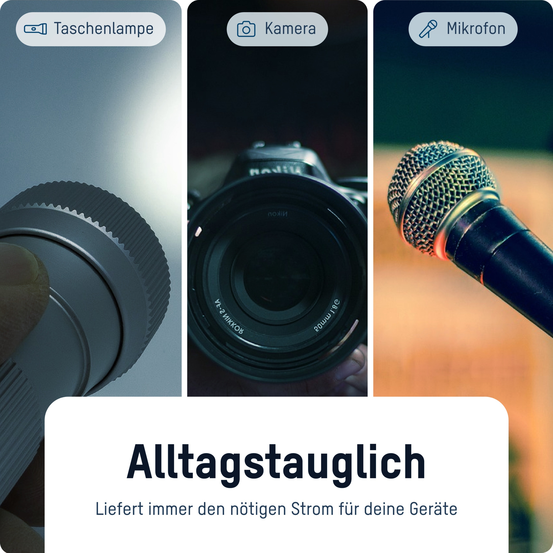L'immagine mostra una torcia, un obiettivo della fotocamera e un microfono. Il testo dice 'Alltagstauglich' e 'Liefert immer den nötigen Strom...'