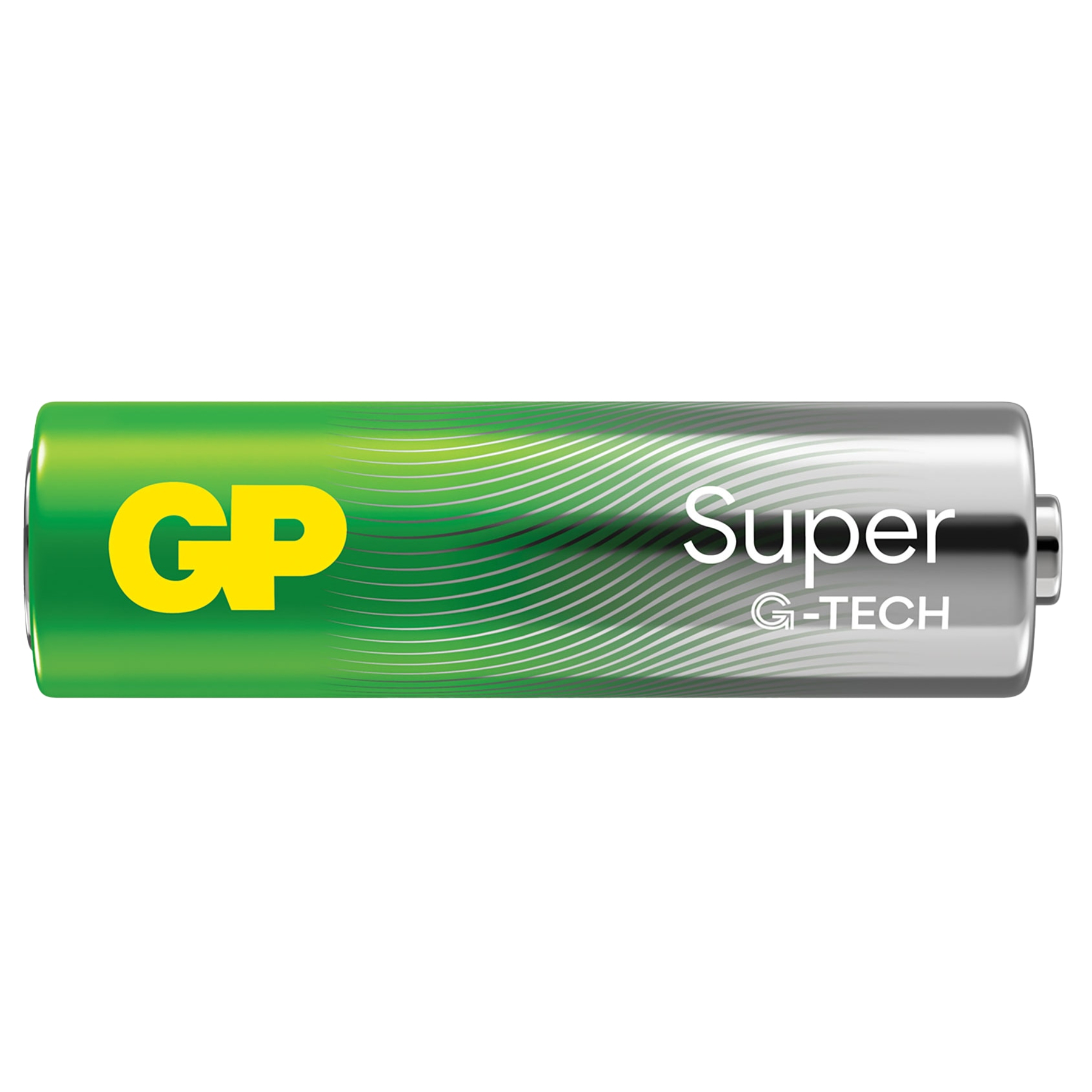 Eine GP Super G-TECH AA-Batterie, grün und silber, mit gelbem 'GP'-Logo. Text 'Super G-TECH' auf der Seite.