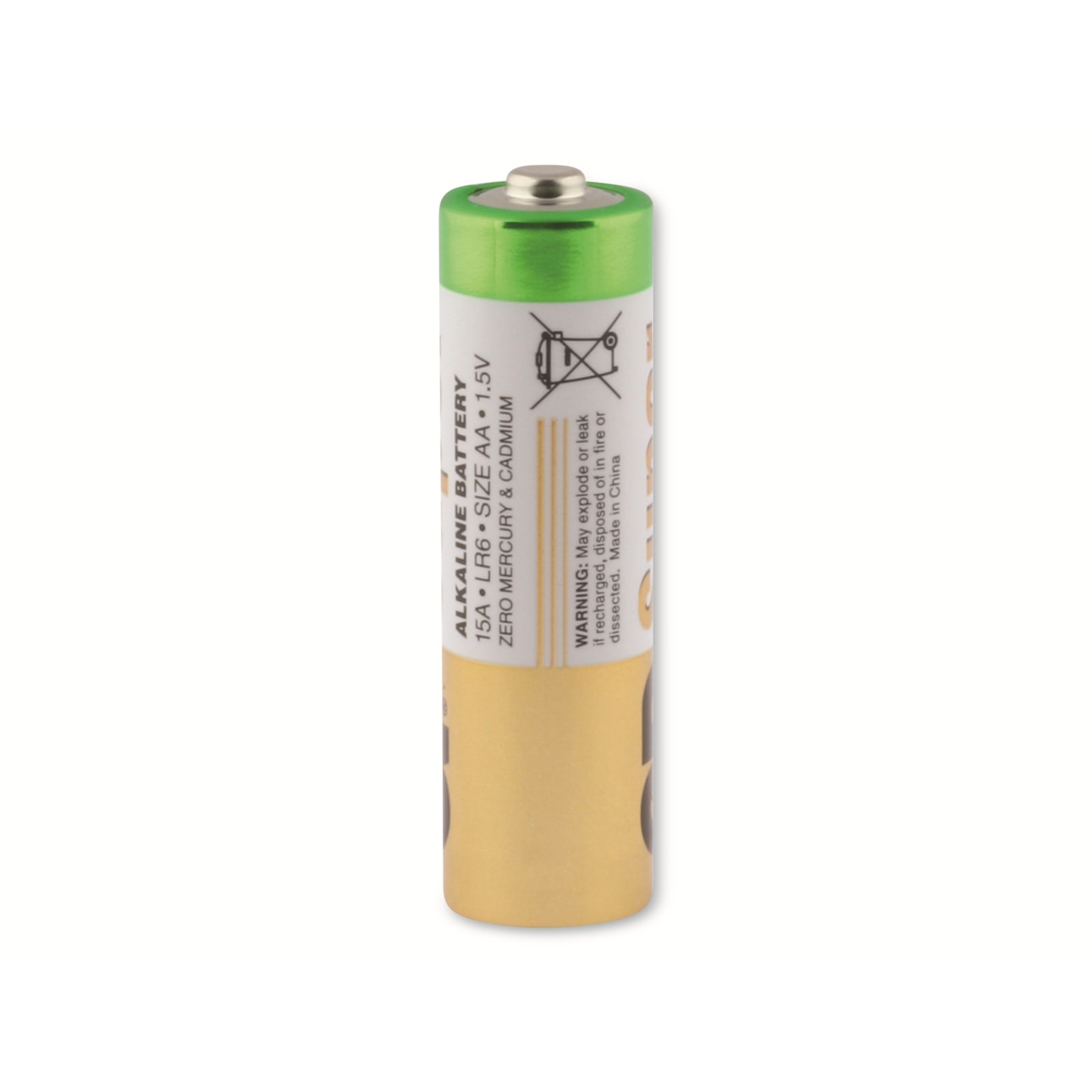 Eine vertikale AA-Alkalibatterie. Sie hat einen grünen Deckel und ein Etikett mit Text. Der Boden ist gelb.