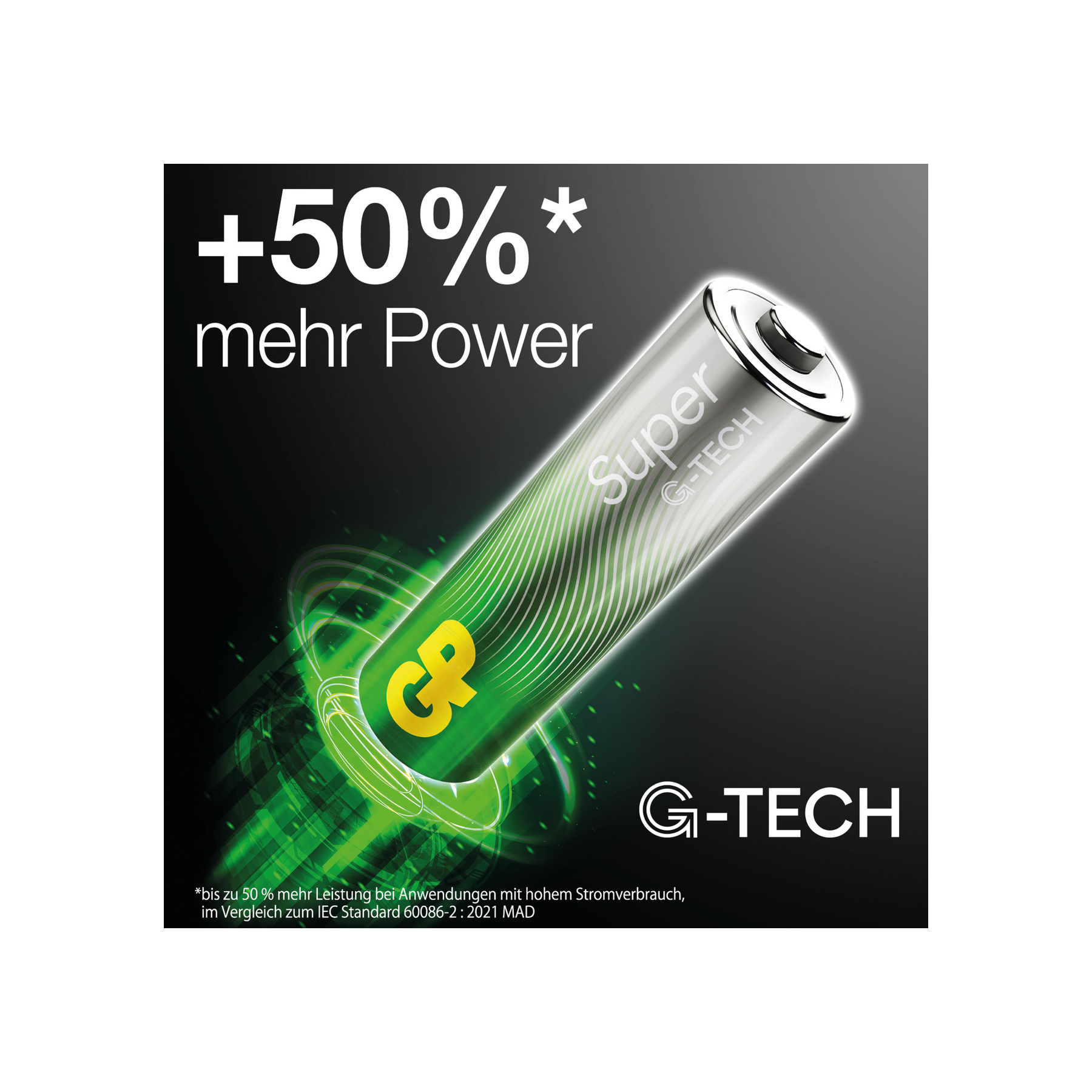 Werbung zeigt eine Batterie mit +50 % mehr Leistung. Eine grüne Batterie mit GP-Logo ist von grünen Energielinien umgeben.