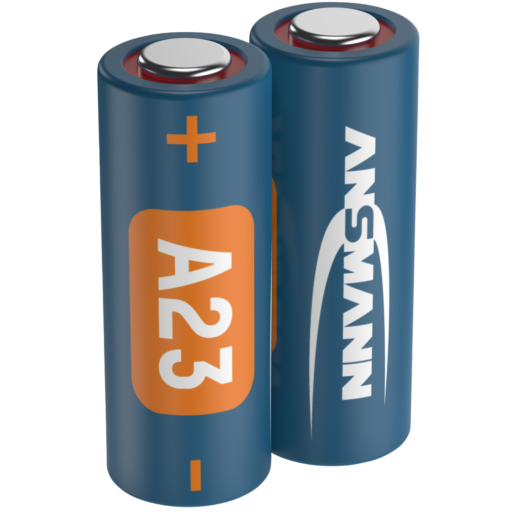 Zwei blaue zylindrische Batterien mit silbernen Deckeln. Eine hat ein oranges Etikett mit 'A23'. Die andere hat 'ANSMANN' darauf geschrieben.