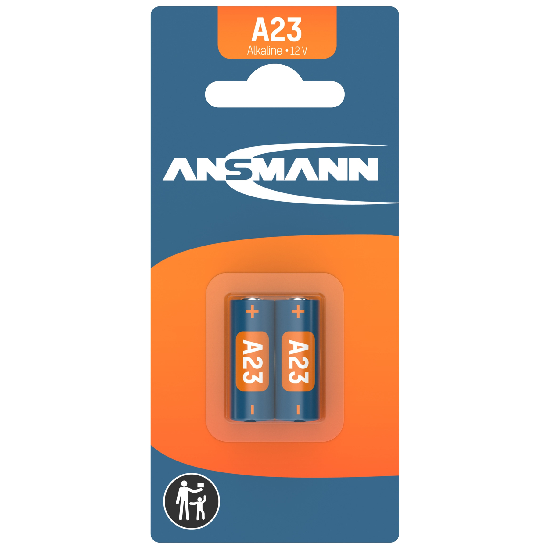 Paket mit zwei A23-Batterien. Blau und Orange dominieren. Markenname ANSMANN sichtbar. Die Verpackung ist versiegelt.