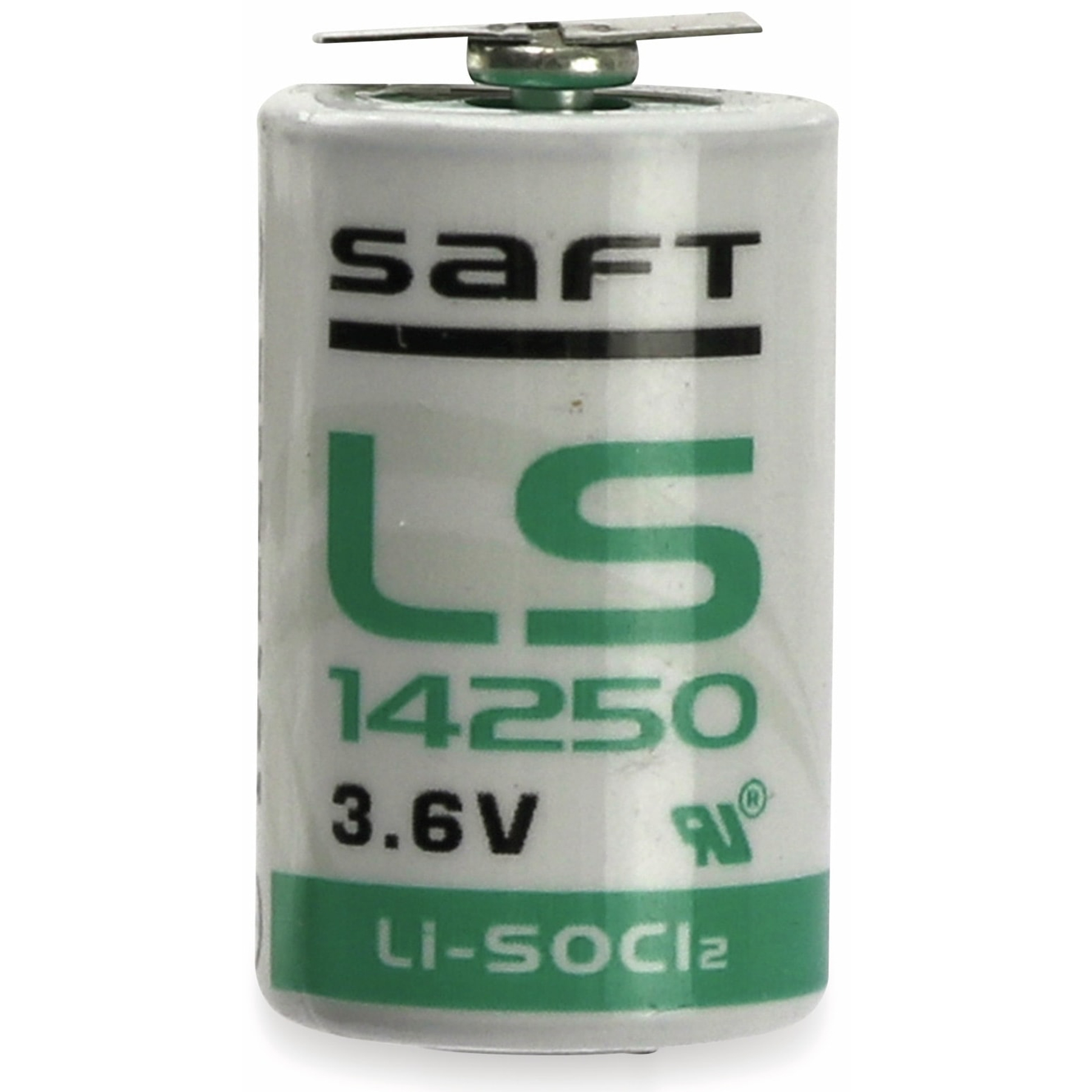 Eine zylindrische Saft LS 14250 Batterie. Sie ist weiß mit grüner und schwarzer Schrift und hat einen Metallbügel oben.