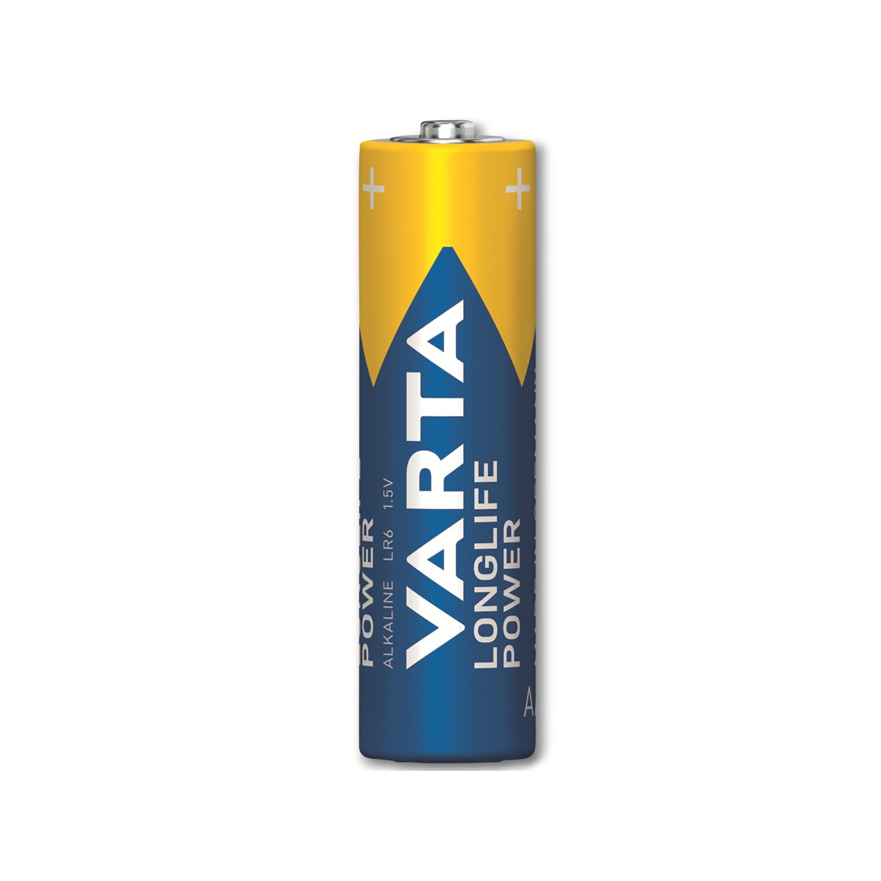 A Varta AA battery. Yellow and blue design, with the brand name VARTA. It stands on a white surface.