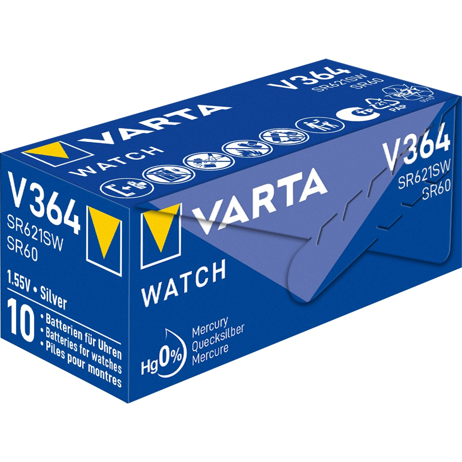 Eine blaue Varta-Uhrenbatterie-Box. Sie zeigt den Produktnamen V364, SR621SW, SR60 und Hg 0%. Enthält 10 Batterien.