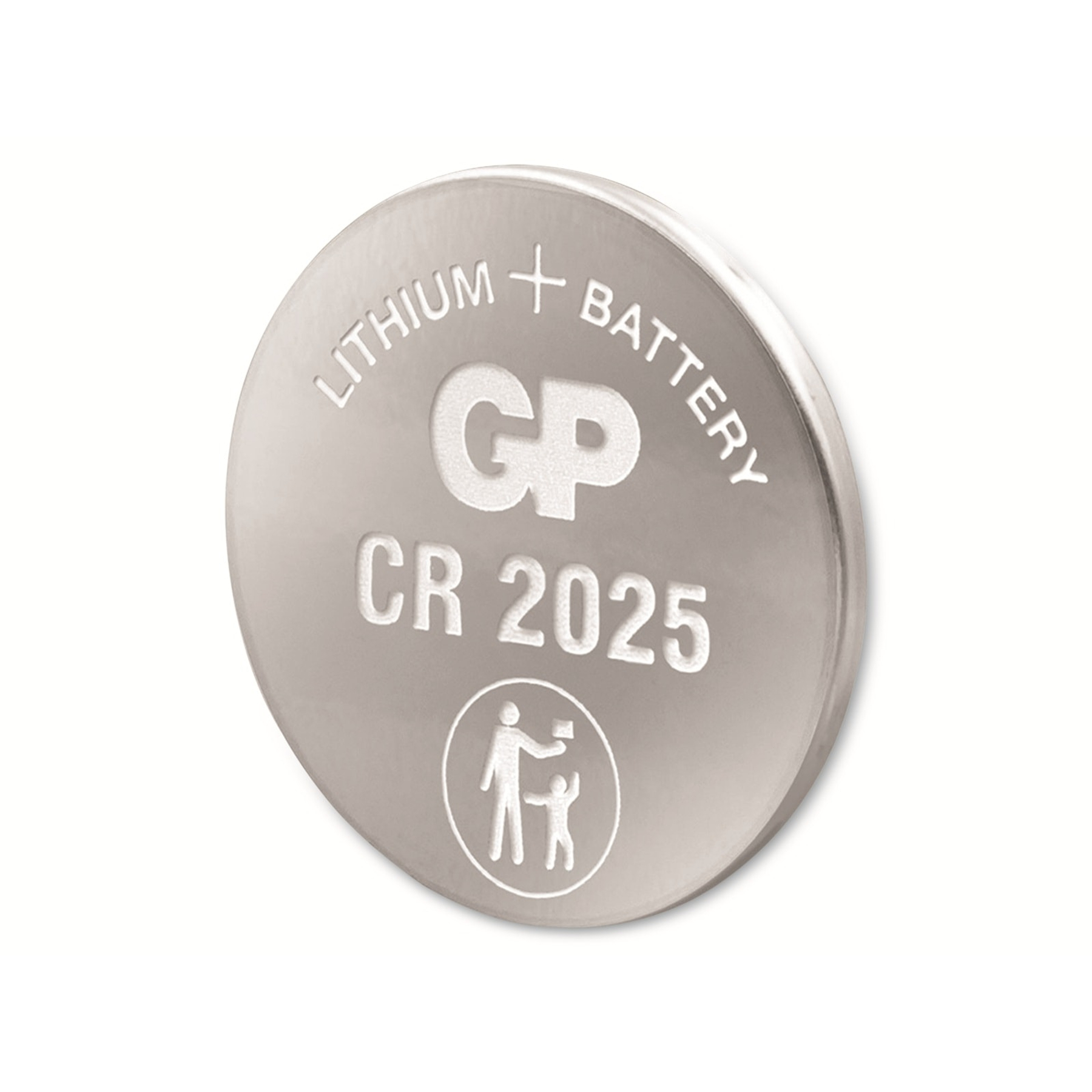 Eine CR2025 Lithiumbatterie. Sie trägt die Aufschrift "Lithium + Batterie", "GP", "CR 2025" und ein Kindersicherheitssymbol.