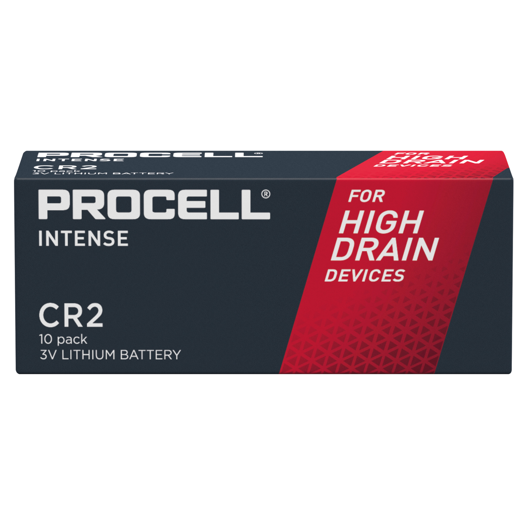 Eine Schachtel mit Procell Intense CR2-Batterien. Die Schachtel ist schwarz mit roten Akzenten und weißem Text.