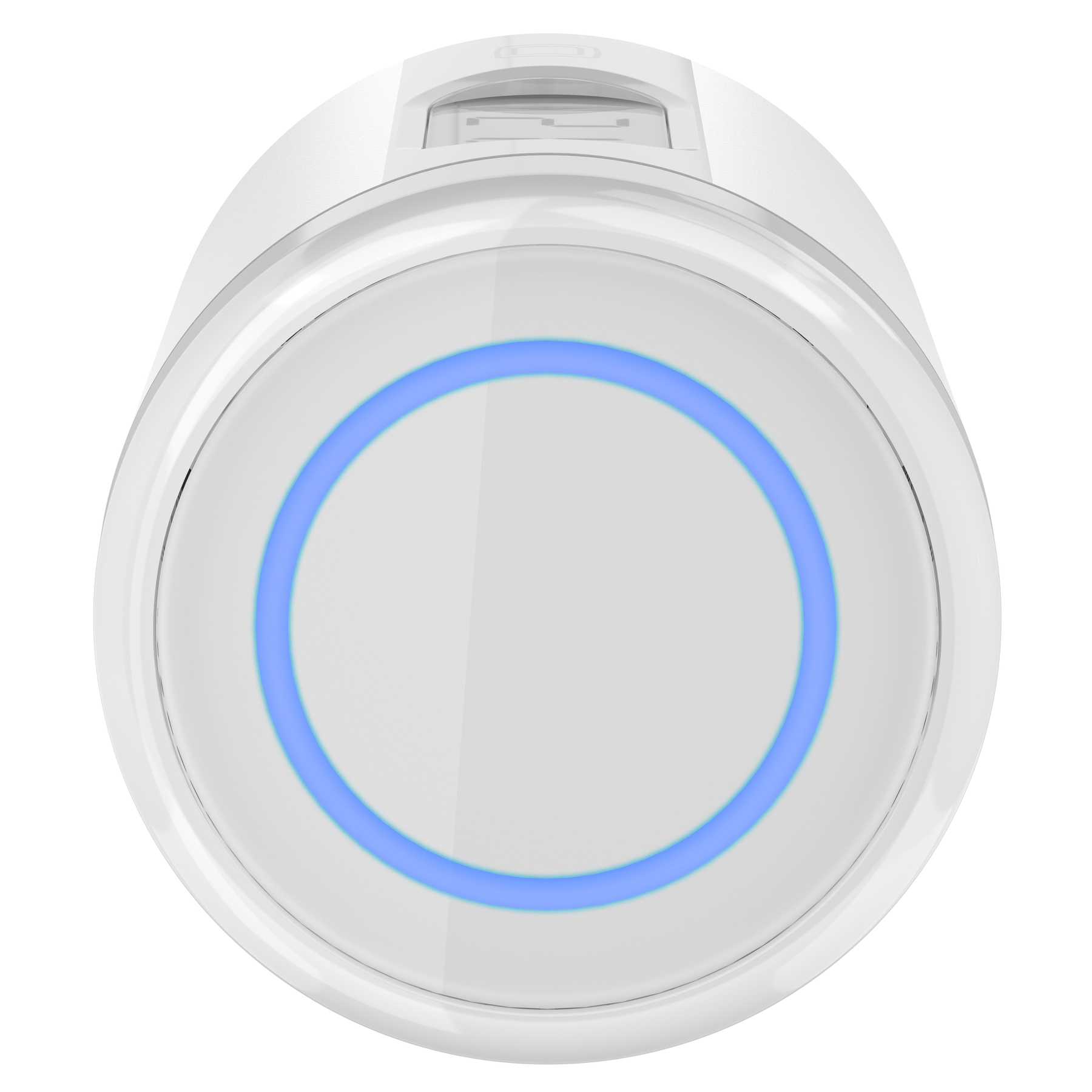 Dispositivo bianco, circolare con anello blu brillante. La parte superiore ha un piccolo schermo.