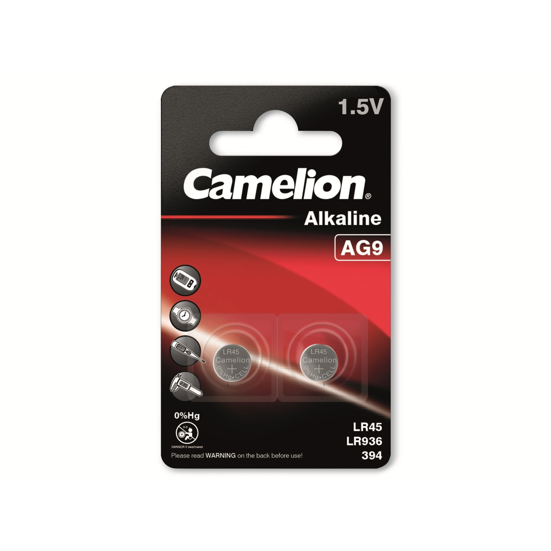 Eine schwarze Camalion Alkaline-Batterieverpackung mit zwei sichtbaren Batterien. Sie zeigt 1,5 V, AG9, LR45 und andere Details.