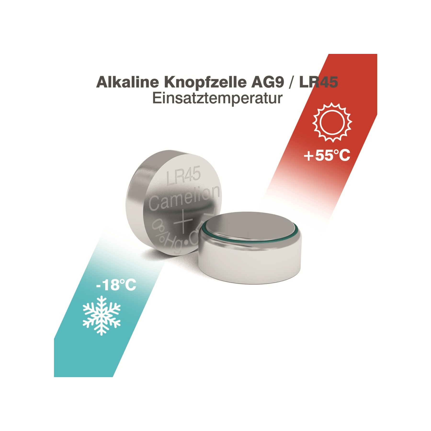 Das Bild zeigt zwei LR45-Batterien mit Temperaturbereichen. Eine ist -18°C, die andere +55°C. Text: Alkaline Knopfzelle AG9 / LR45.