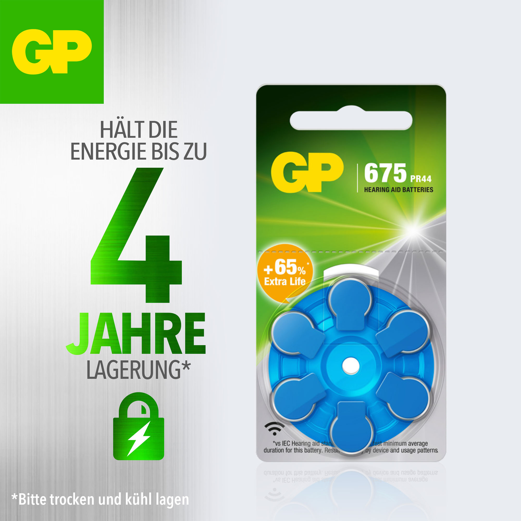 Una confezione di batterie per apparecchi acustici GP. La confezione è verde e bianca, con batterie blu visibili.
