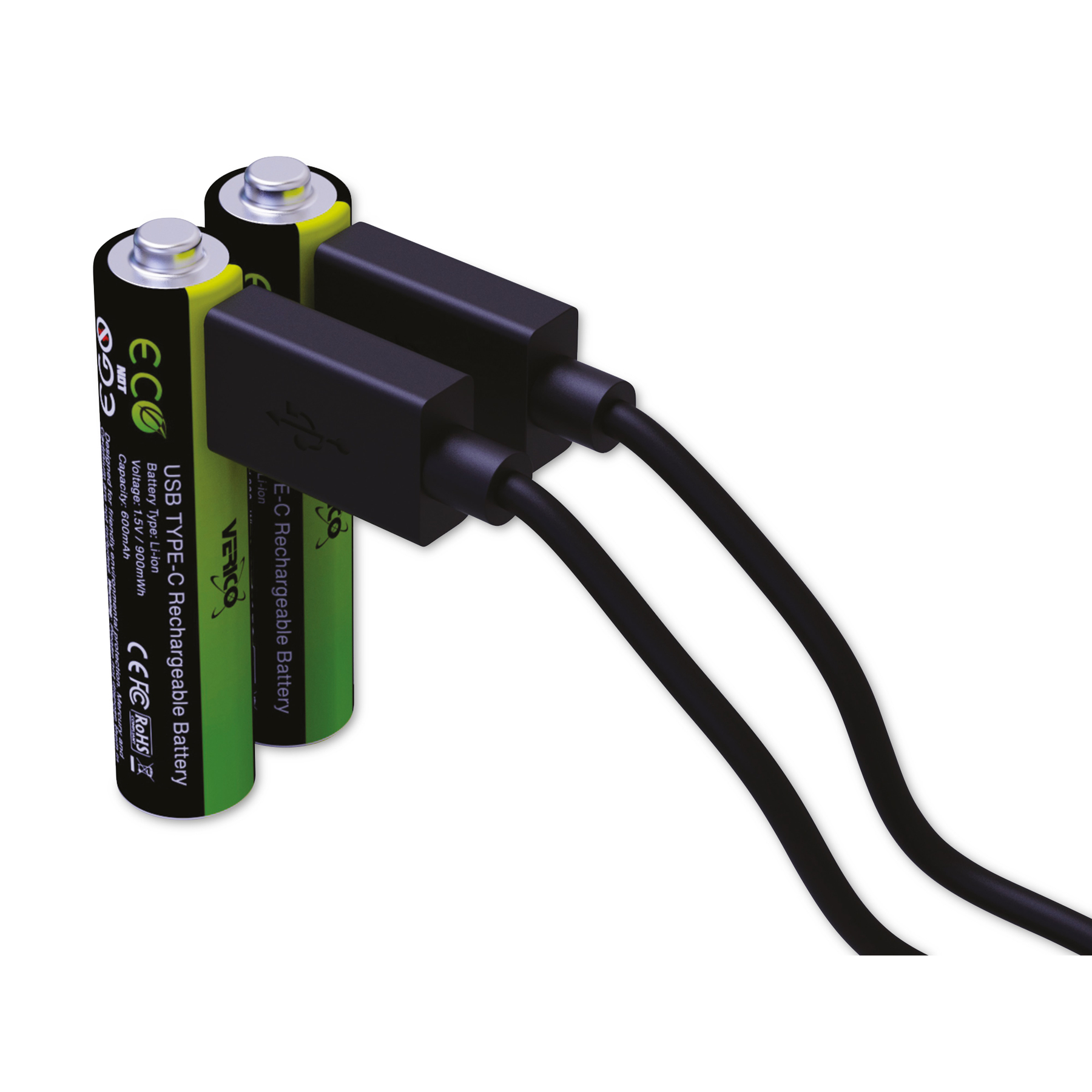 Zwei grüne Akkus mit schwarzen USB-C-Anschlüssen und Kabeln vor weißem Hintergrund.