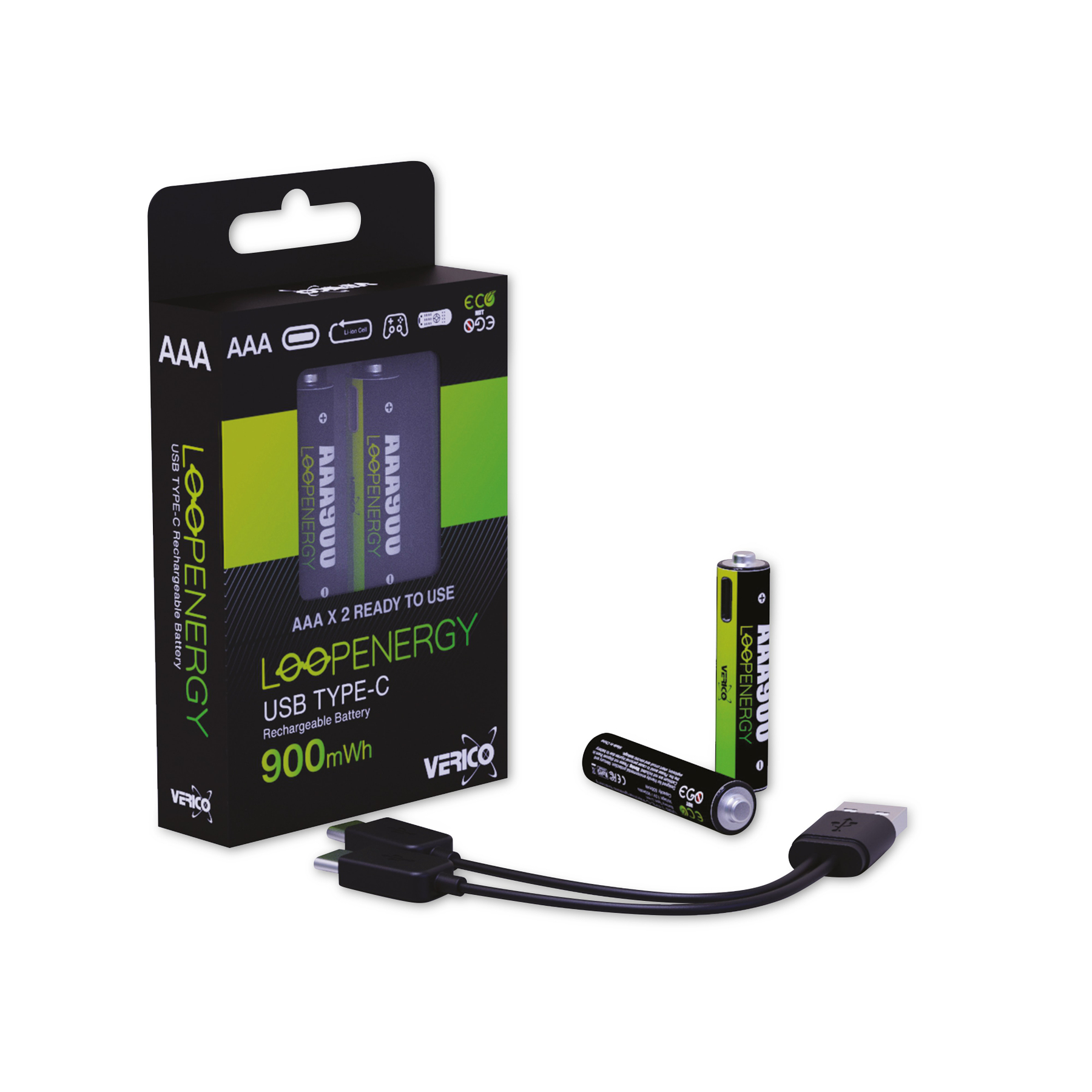 Produktfoto von AAA-Akkus mit einer Box, zwei losen Batterien und einem USB-C-Kabel. Die Batterien sind schwarz und grün.