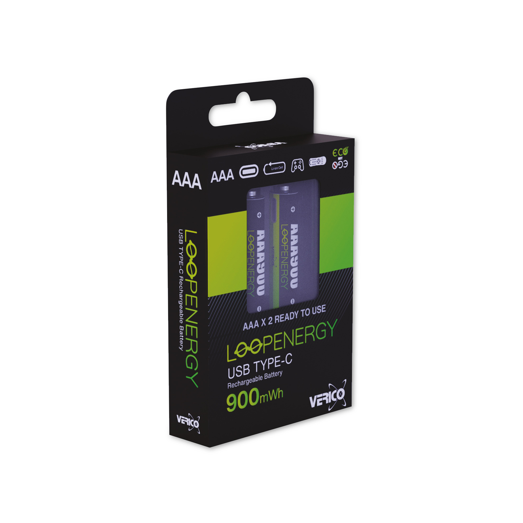 Schachtel mit wiederaufladbaren AAA-Batterien. Die Schachtel ist schwarz mit grünen Akzenten und die Marke ist Loopenery. Zwei Batterien sind sichtbar.