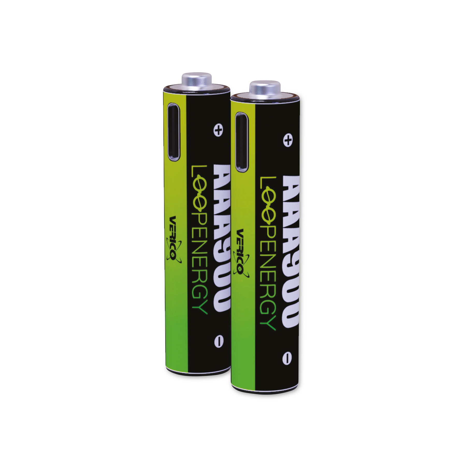 Zwei AAA Loop Energy Batterien auf weißem Hintergrund. Sie sind schwarz und grün mit weißem Text und einem silbernen Deckel.