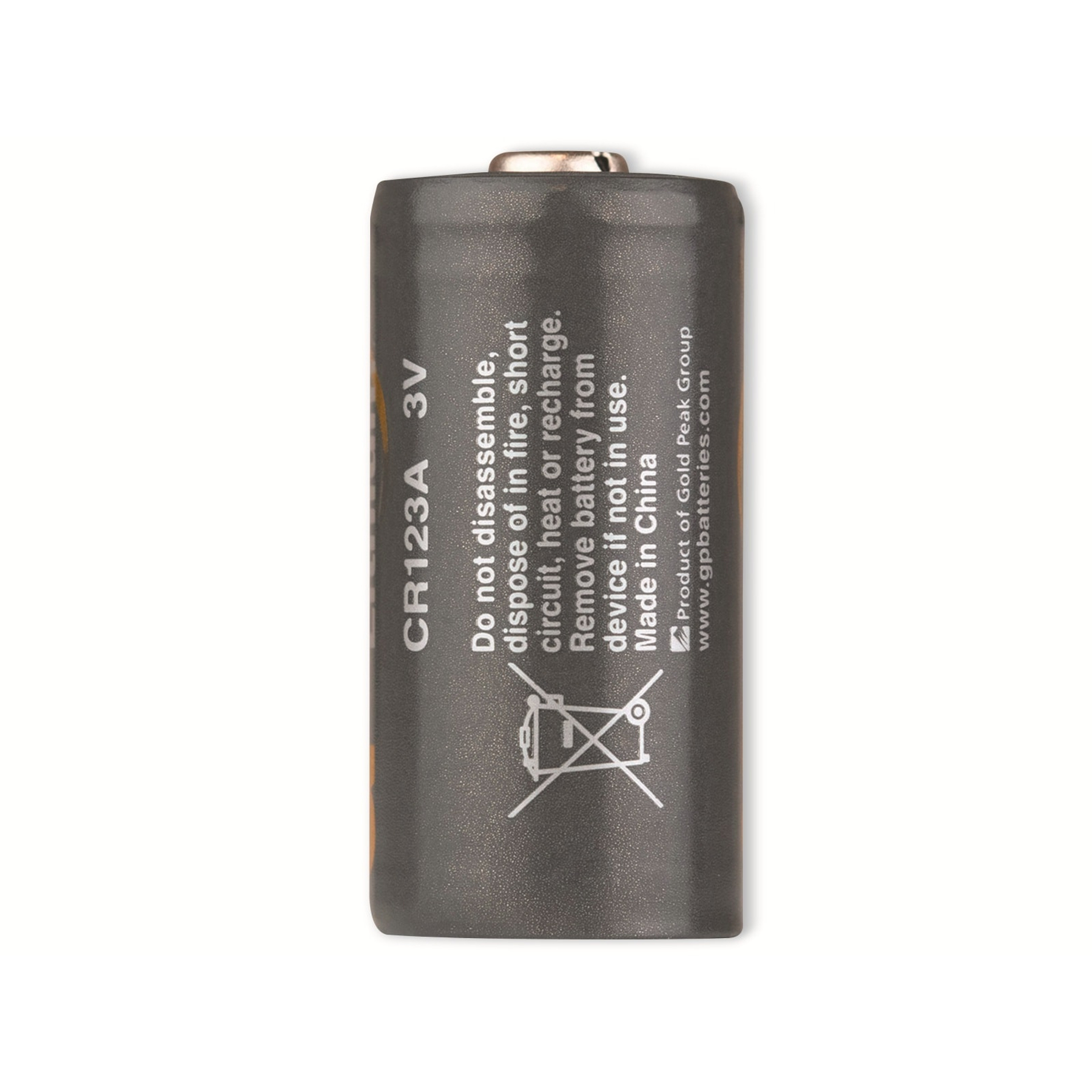 Een grijze CR123A 3V-batterij op een witte achtergrond. Tekst waarschuwt tegen demonteren, vuur, kortsluiting en opladen.